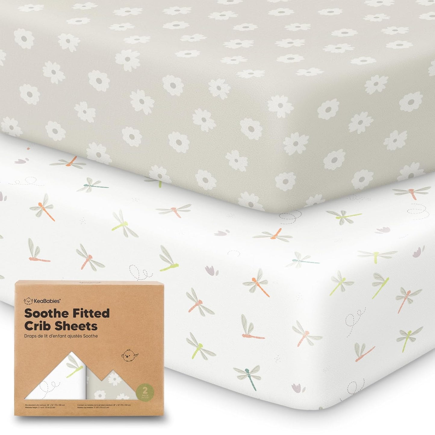 KeaBabies 2-Pack Organic Crib Sheets for Boys, Girls - 52x28 Fitted Crib Mattress Sheet Neutral, Breathable Jersey Cotton Cover for Baby Bed, Toddler Mattress, Soft & Cute Prints (Soft White)