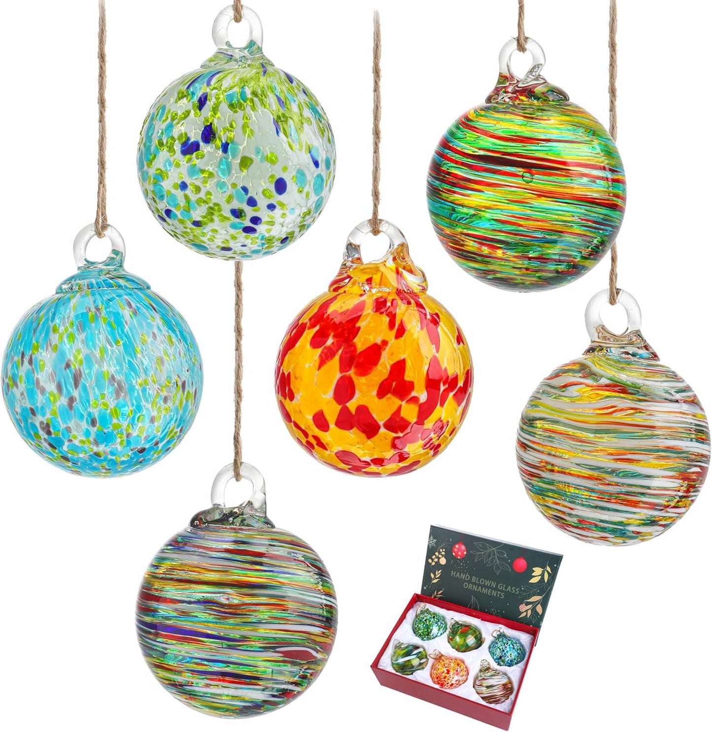6pcs Hand-Blown Glass Christmas Ornaments Balls Hanging Glass Balls Witches Ball Gazing Ball for Home Window Outdoor Garden Patio Xmas Tree Décor