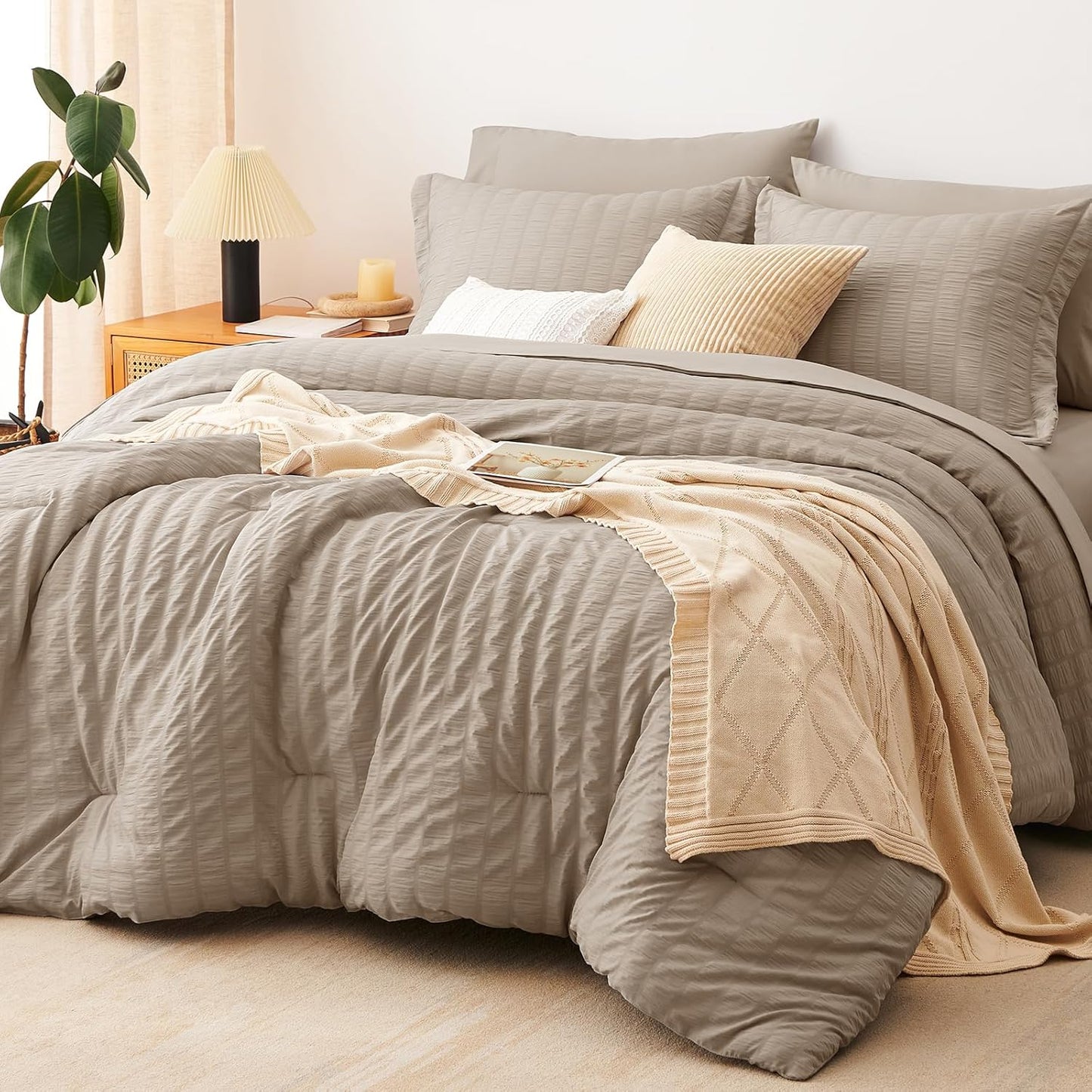 CozyLux Queen Comforter Set White Seersucker 7 Pieces Bed in a Bag Queen Comforter Set with Sheets, Luxury Soft Bedding Set with Down Alternative Comforter, Sheets, Pillowcases & Shams for All Seasons