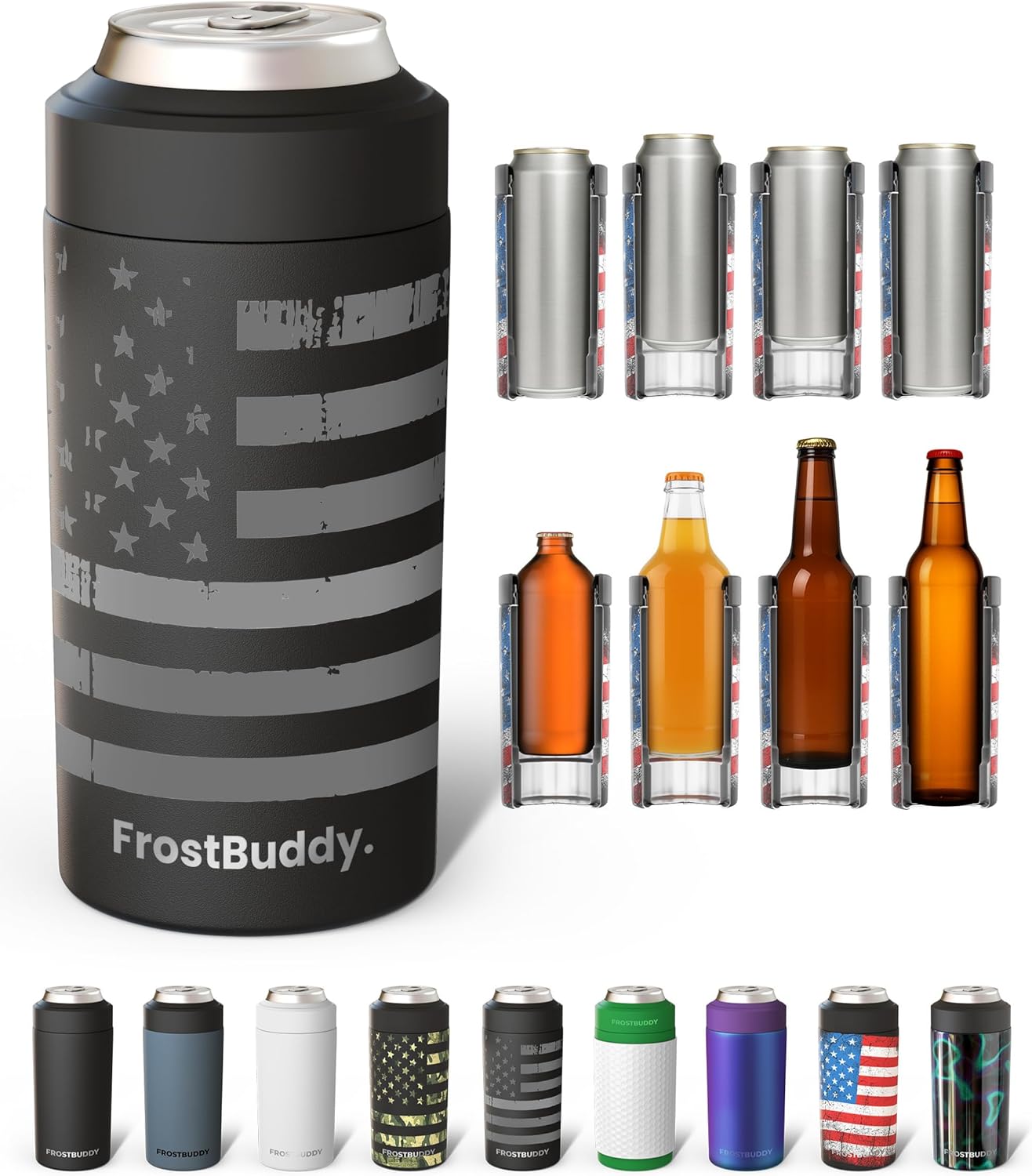Frost Buddy Universal Can Cooler - Fits All - For Regular 12 & 16 oz or Slim-Size Bottles - Insulated Double-Walled Stainless Steel (MatteBlack)
