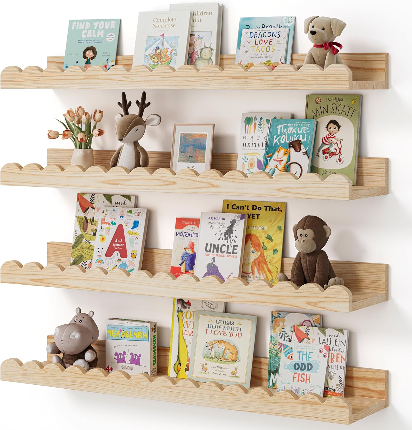 Shario Nursery Book Shelves, 4-Pack White Floating Shelves for Wall Kids, Scalloped Shelves, Wall Book Shelves for Bedroom Kids, Toddler Room, Baby Room, Nursery Decor