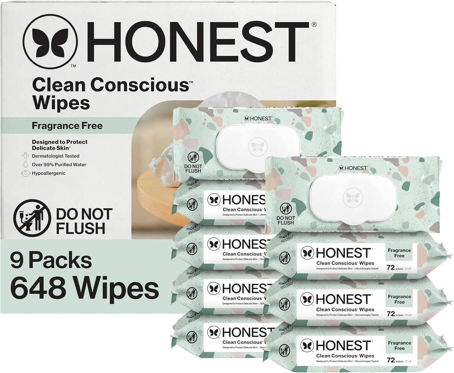 The Honest Company Baby Wipes for Sensitive Skin, Hypoallergenic, Fragrance-Free, Multi-Use, Pattern Play Design, 720 Count (8 Packs of 90)