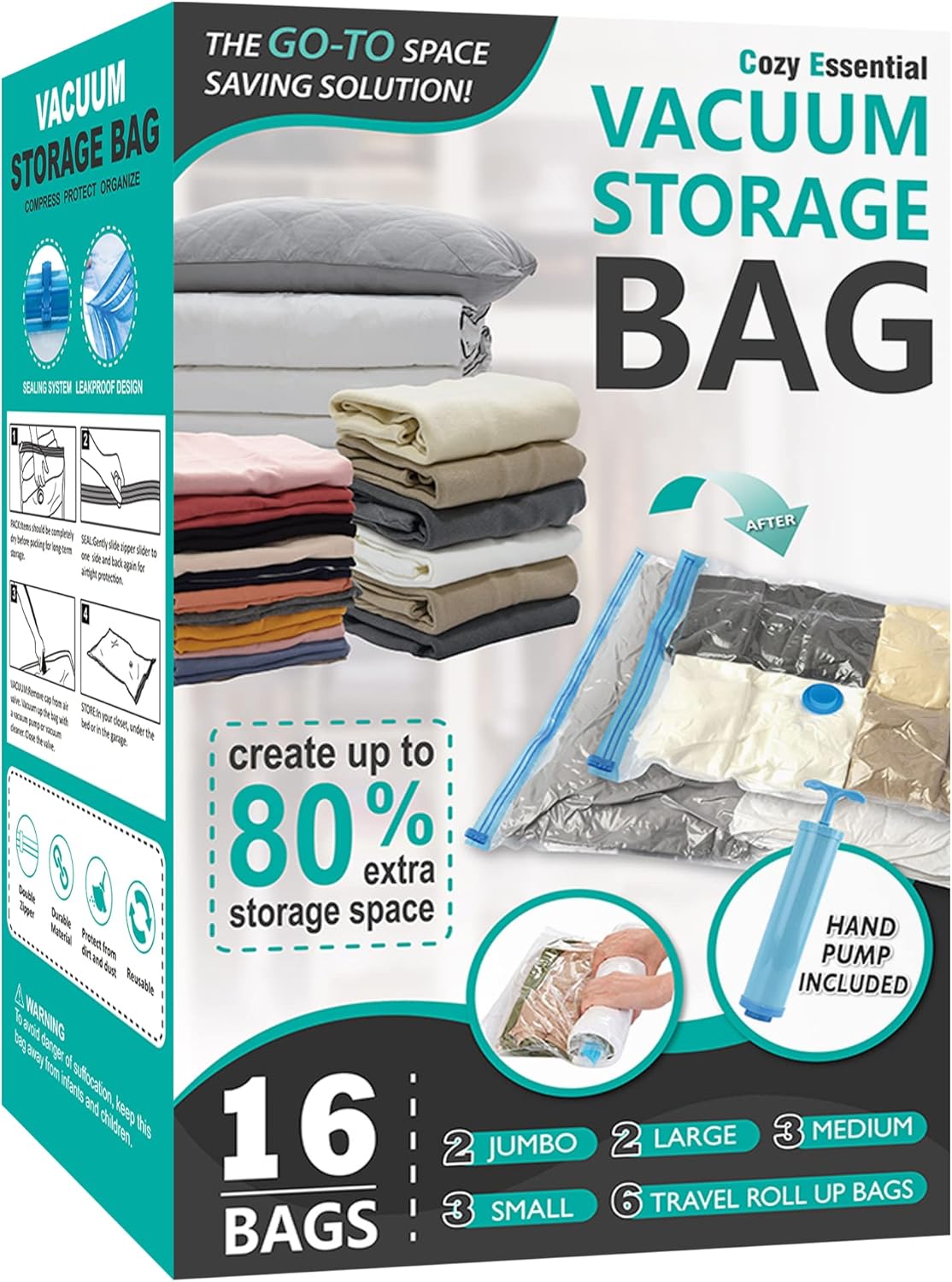 Cozy Essential Vacuum Storage Bags, 80% Compression Vacuum Seal Space Saver Plastic Packaging Bags for Clothes, Blankets, Pillow, Bedding, Comforters, Sealer Clothing Storage,20 Combo