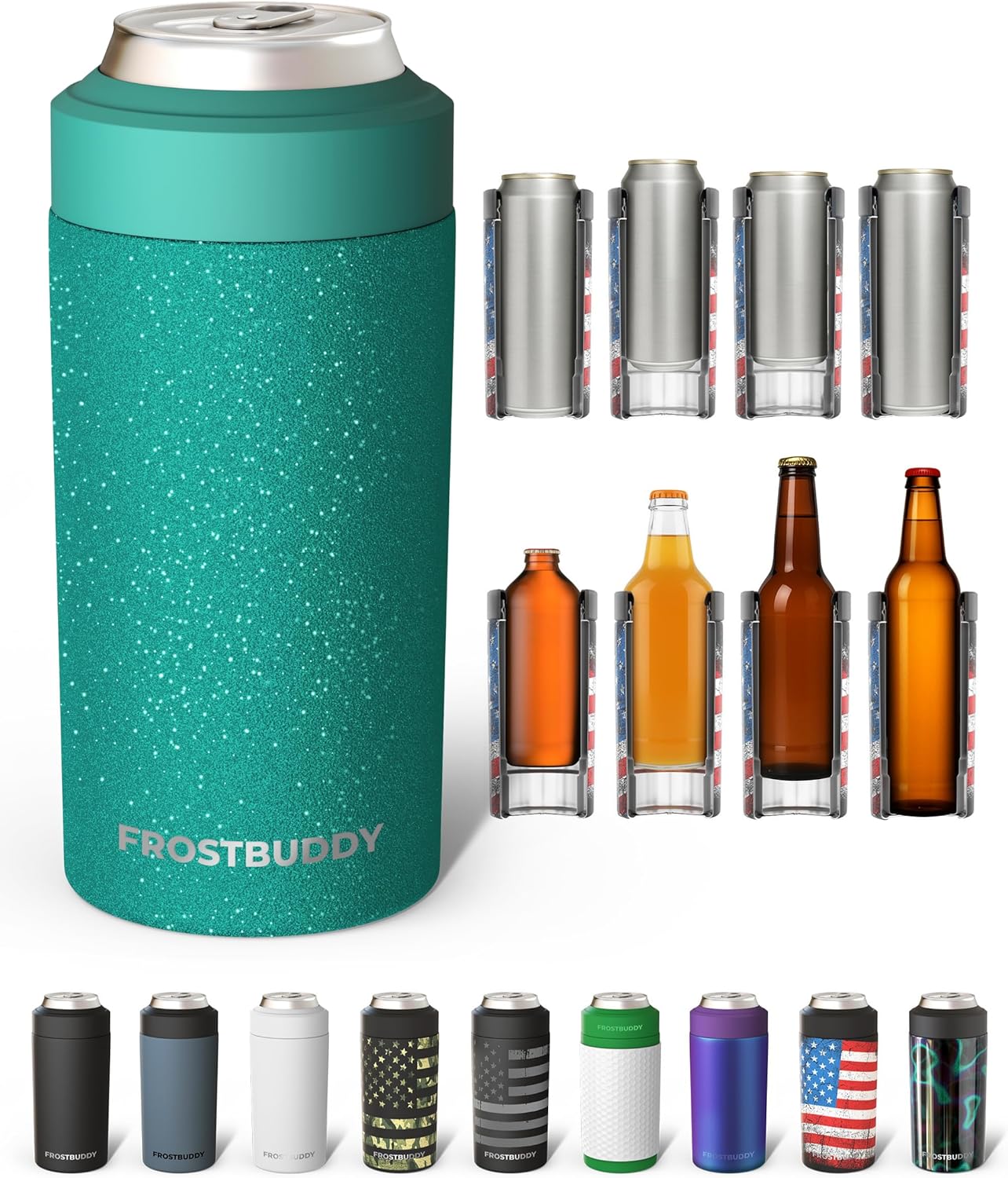 Frost Buddy Universal Can Cooler - Fits All - For Regular 12 & 16 oz or Slim-Size Bottles - Insulated Double-Walled Stainless Steel (MatteBlack)