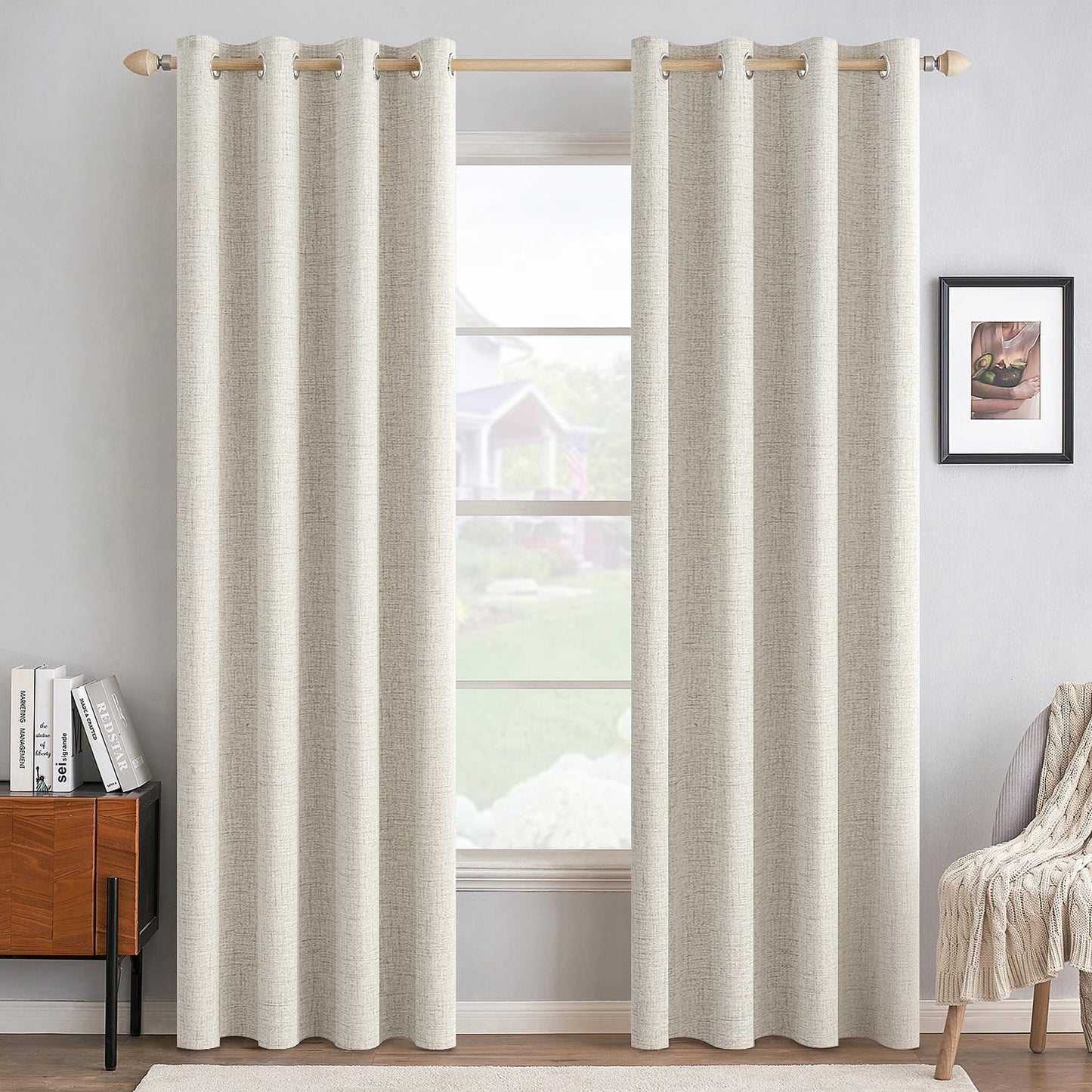 MIULEE 100% Blackout Linen Textured Curtains for Bedroom Solid Thermal Insulated Natural Beige Grommet Room Darkening Curtains & Drapes Luxury Decor for Living Room Nursery 52 x 84 Inch (2 Panels)