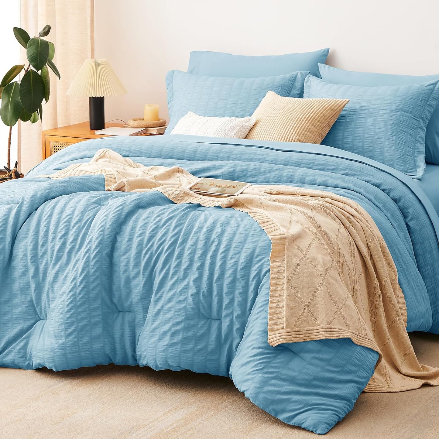 CozyLux Queen Comforter Set White Seersucker 7 Pieces Bed in a Bag Queen Comforter Set with Sheets, Luxury Soft Bedding Set with Down Alternative Comforter, Sheets, Pillowcases & Shams for All Seasons