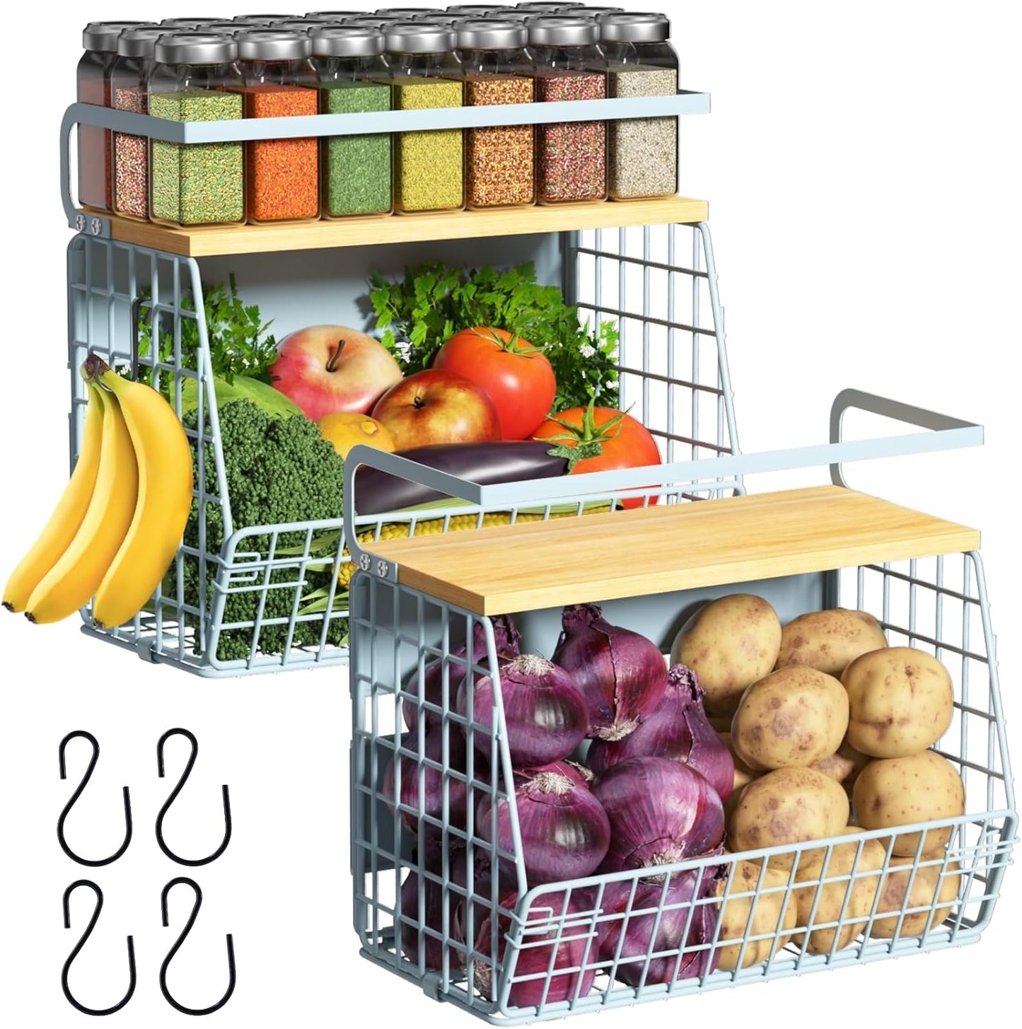 Ofiray-home Magnetic Shelf for Fridge with Wood Lid, Fruit Potato and Onion Storage Bins, Pantry Organizers & Storage, Large Container Magnetic Spice Rack for Refrigerator, Kitchen Counter, Cabinet
