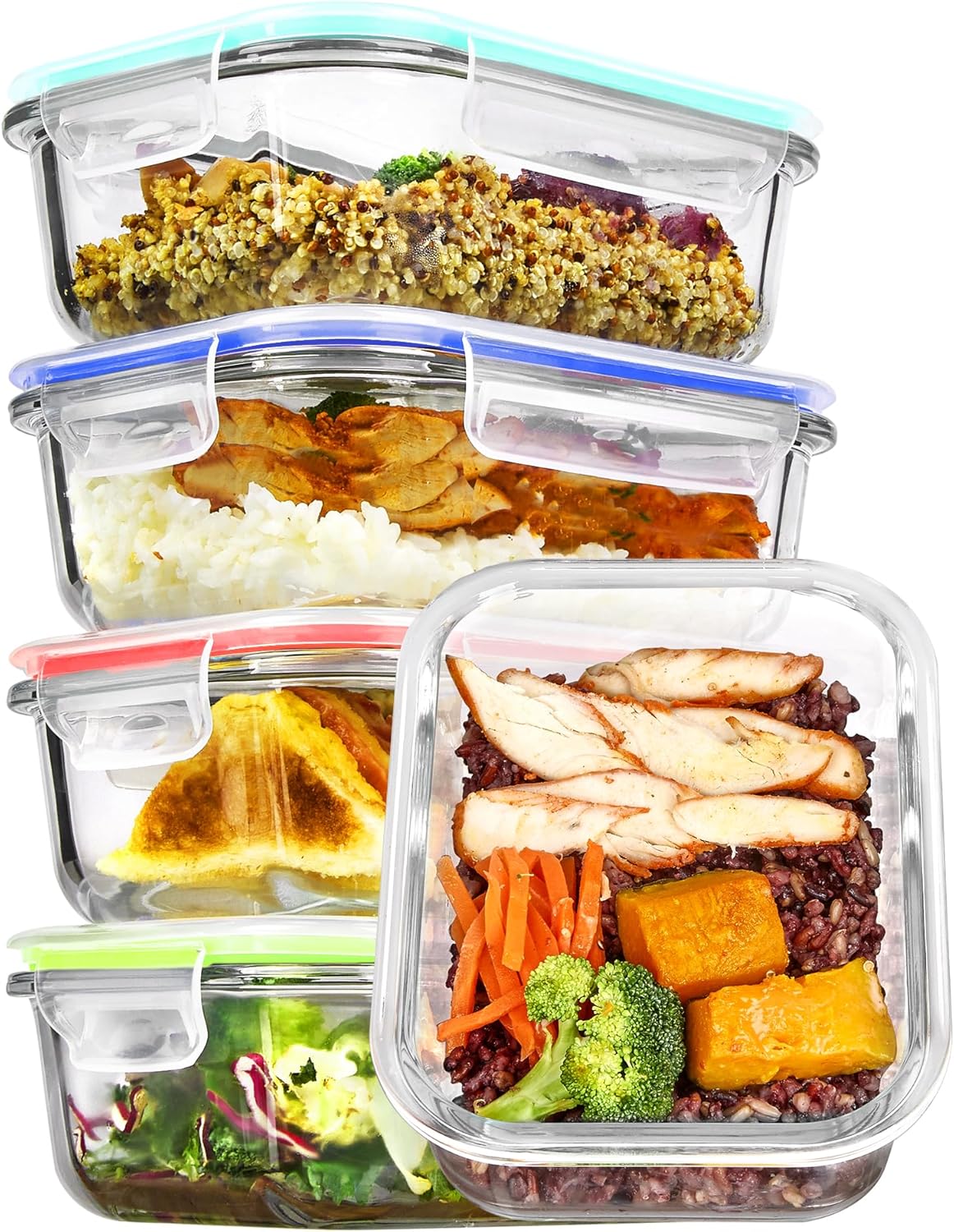 Vtopmart 5Pack 22oz Glass Storage Containers with Lids, Glass Meal Prep Food Container Sets with Snap Airtight Lids for Microwave, Oven, Freezer and Dishwasher, Grey