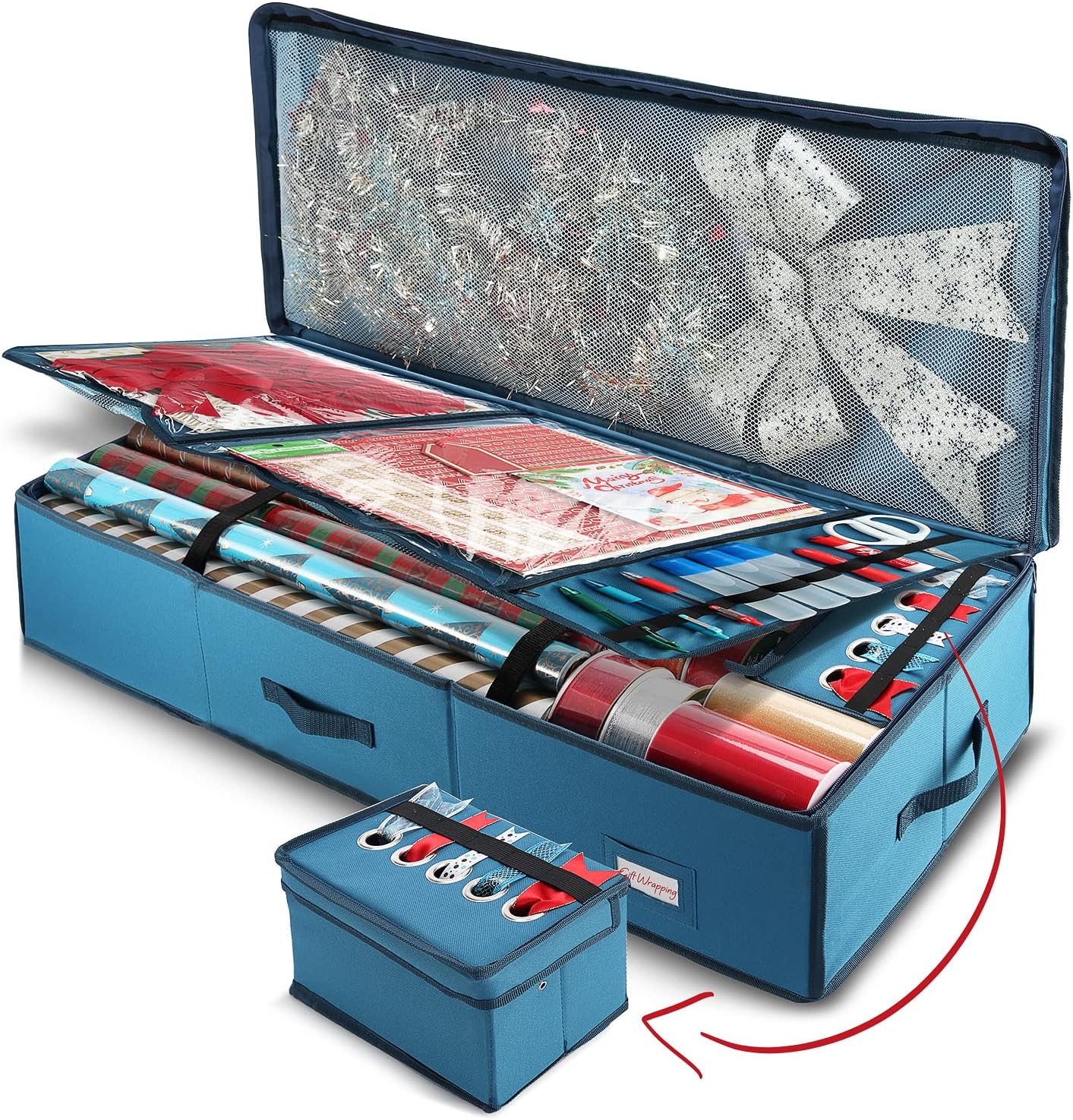 Hearth & Harbor Wrapping Paper Storage Container with Ribbon Dispenser and Interior Pockets - Large Christmas Storage Containers with Wheels, Fits 30 Rolls of 40" Length, Blue