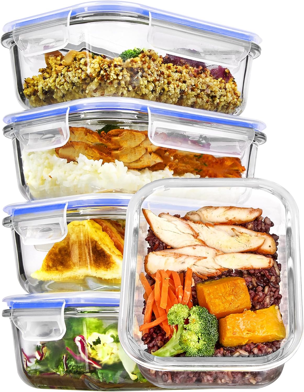 Vtopmart 5Pack 22oz Glass Storage Containers with Lids, Glass Meal Prep Food Container Sets with Snap Airtight Lids for Microwave, Oven, Freezer and Dishwasher, Grey