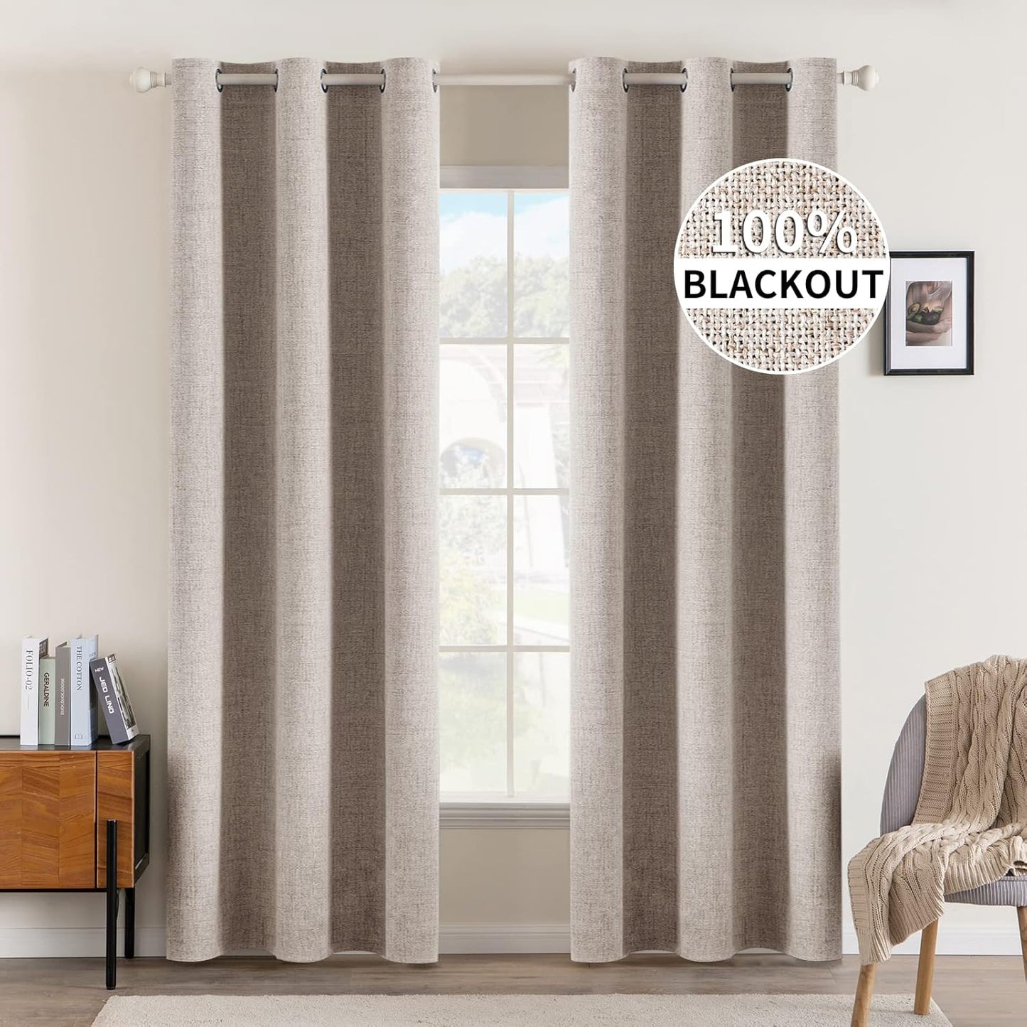 MIULEE 100% Blackout Linen Textured Curtains for Bedroom Solid Thermal Insulated Natural Beige Grommet Room Darkening Curtains & Drapes Luxury Decor for Living Room Nursery 52 x 84 Inch (2 Panels)