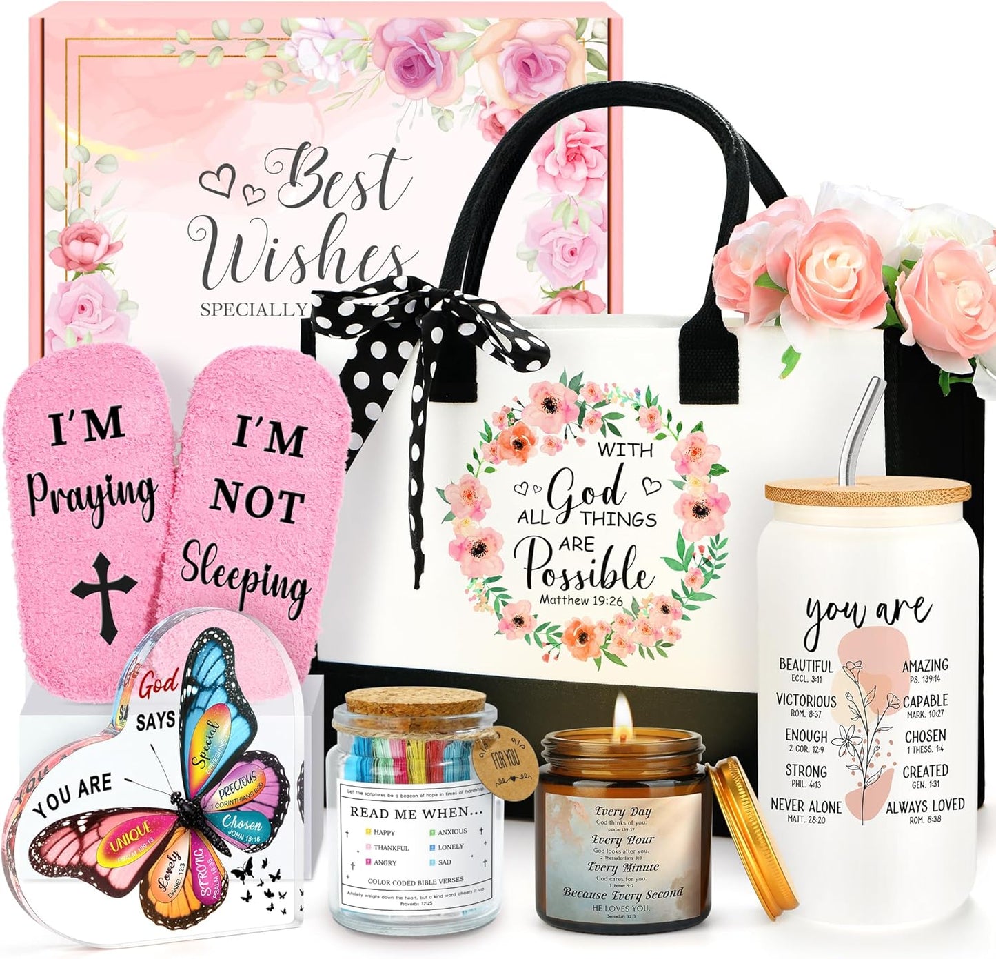 Christian Gifts for Women Faith Based Gift Inspirational Gifts for Women Birthday Unique Catholic Gift Bible Accessories Inclue Bible Verse Jar Butterfly Decorations Socks Glass Can Candles Tote Bag