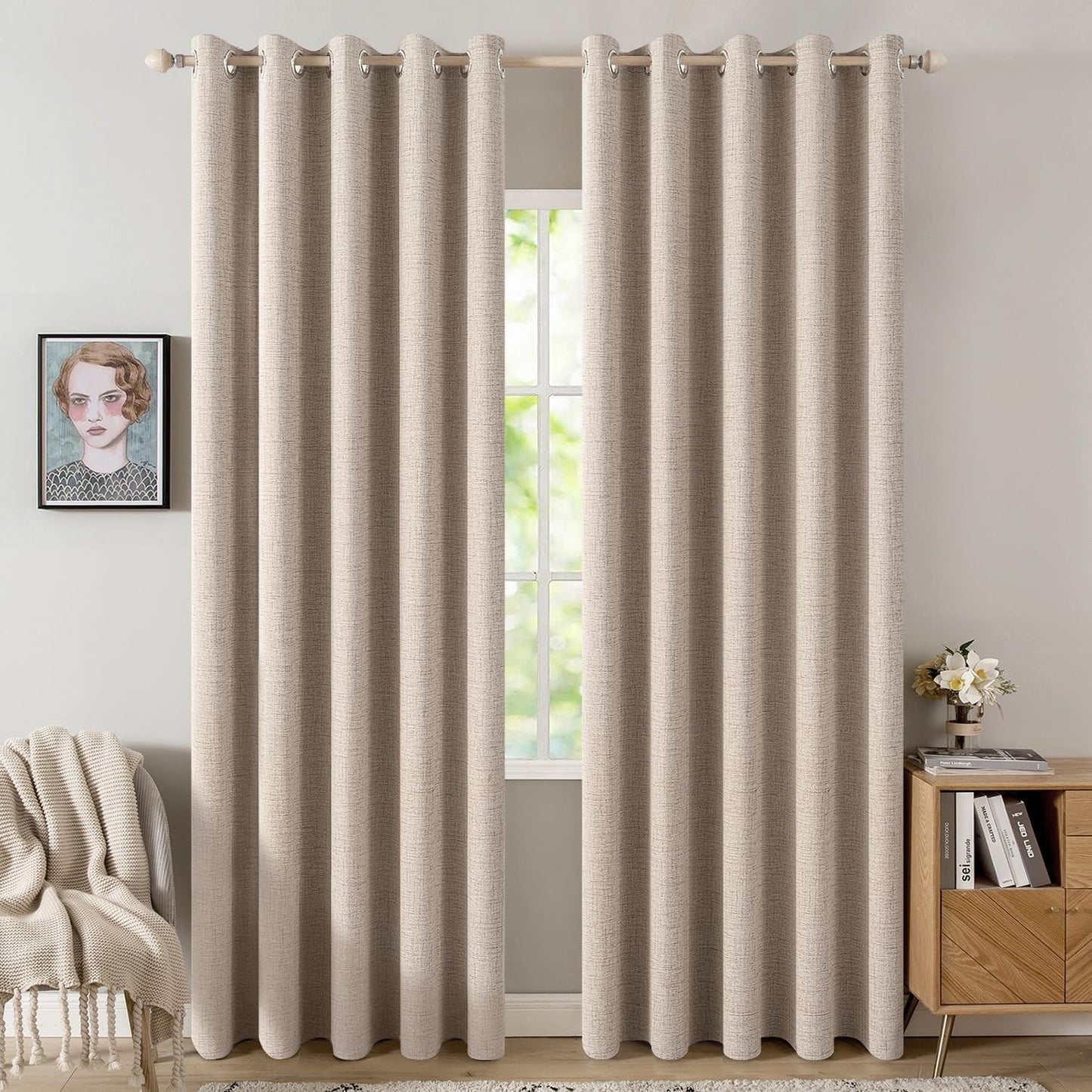 MIULEE 100% Blackout Linen Textured Curtains for Bedroom Solid Thermal Insulated Natural Beige Grommet Room Darkening Curtains & Drapes Luxury Decor for Living Room Nursery 52 x 84 Inch (2 Panels)