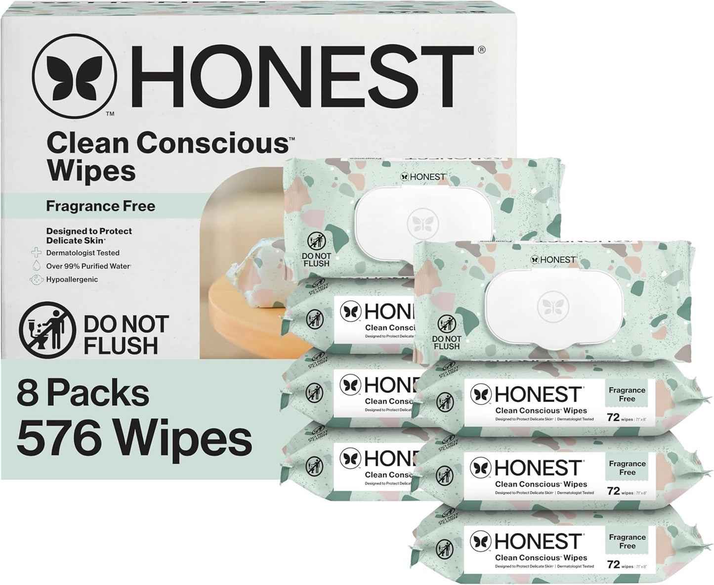 The Honest Company Baby Wipes for Sensitive Skin, Hypoallergenic, Fragrance-Free, Multi-Use, Pattern Play Design, 720 Count (8 Packs of 90)