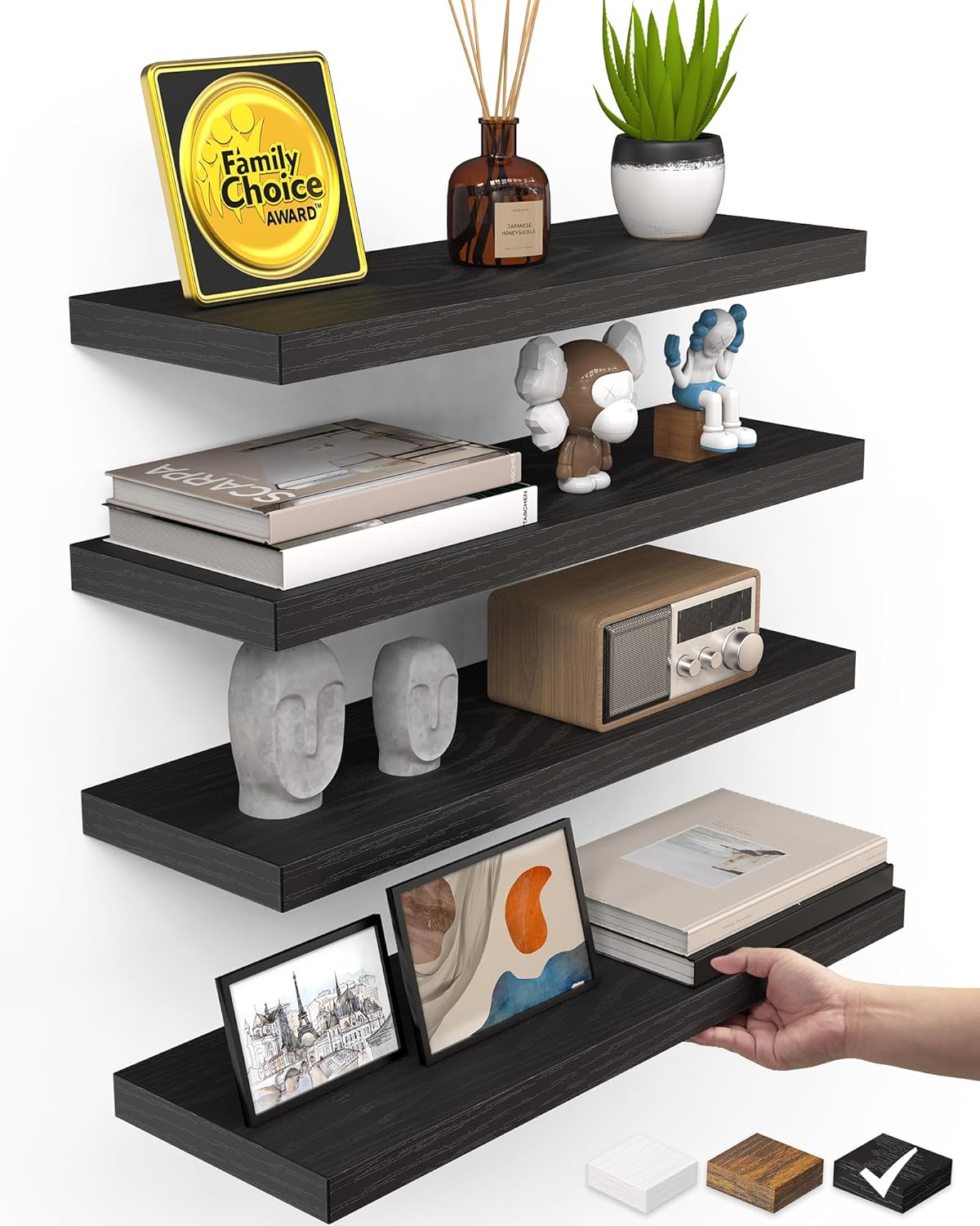BAYKA Floating Shelves for Wall, Wall Mounted Rustic Wood Shelves for Bathroom, Bedroom, Living Room, Kitchen, Hanging Shelf for Books/Storage/Room Decor with 22lbs Capacity (Black, Set of 3, 15.7in)
