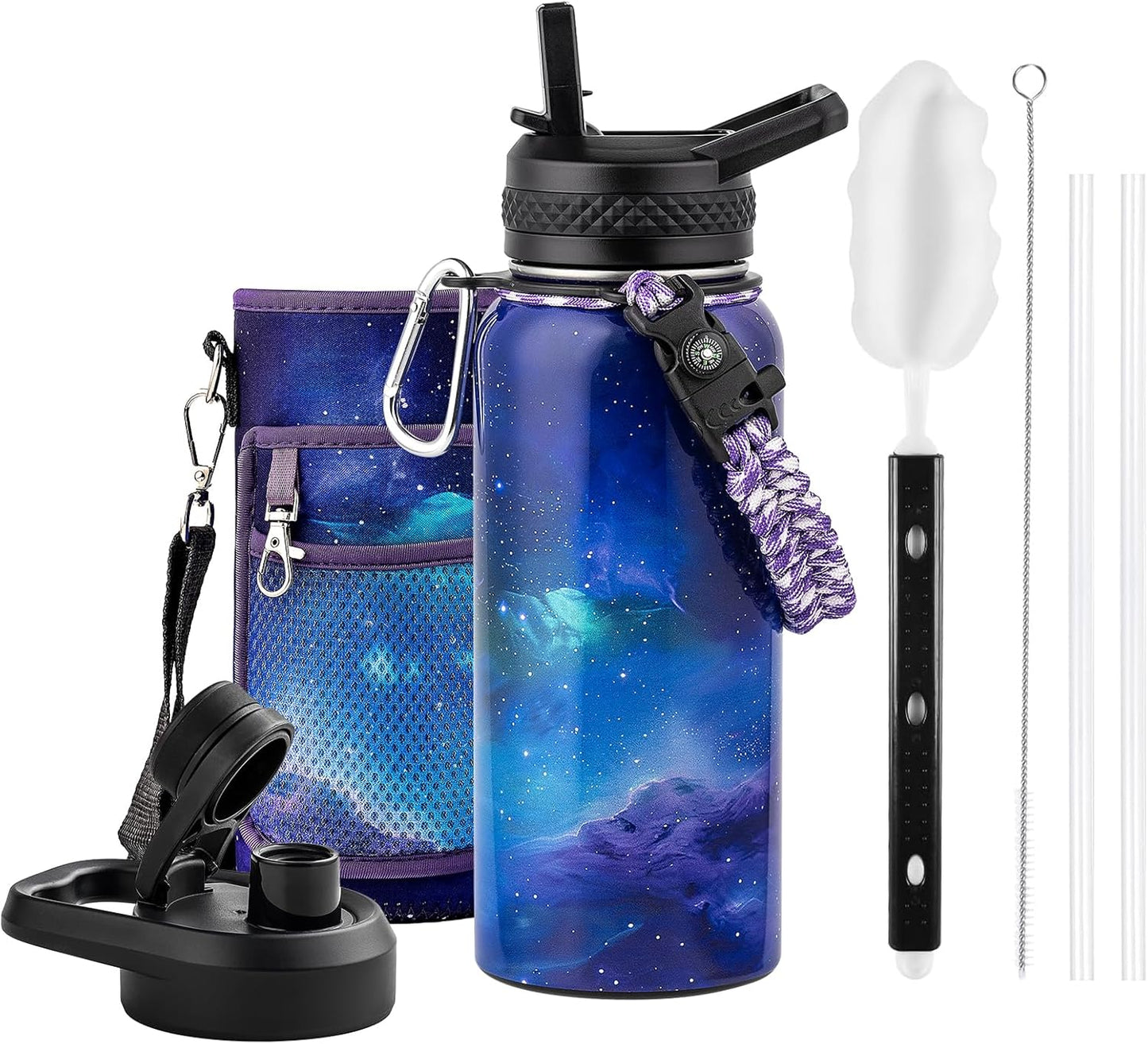 One Gallon Water Bottle Insulated, Triple Walled Vacuum Stainless Steel (Cold for 48 Hrs), Leak Proof & Non-BPA, Large Water Flask Jug with Paracord Handle & Straw Spout Lids
