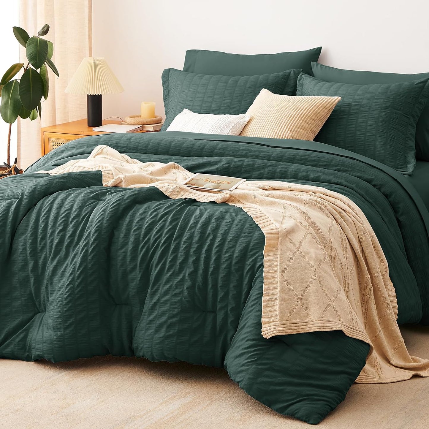 CozyLux Queen Comforter Set White Seersucker 7 Pieces Bed in a Bag Queen Comforter Set with Sheets, Luxury Soft Bedding Set with Down Alternative Comforter, Sheets, Pillowcases & Shams for All Seasons