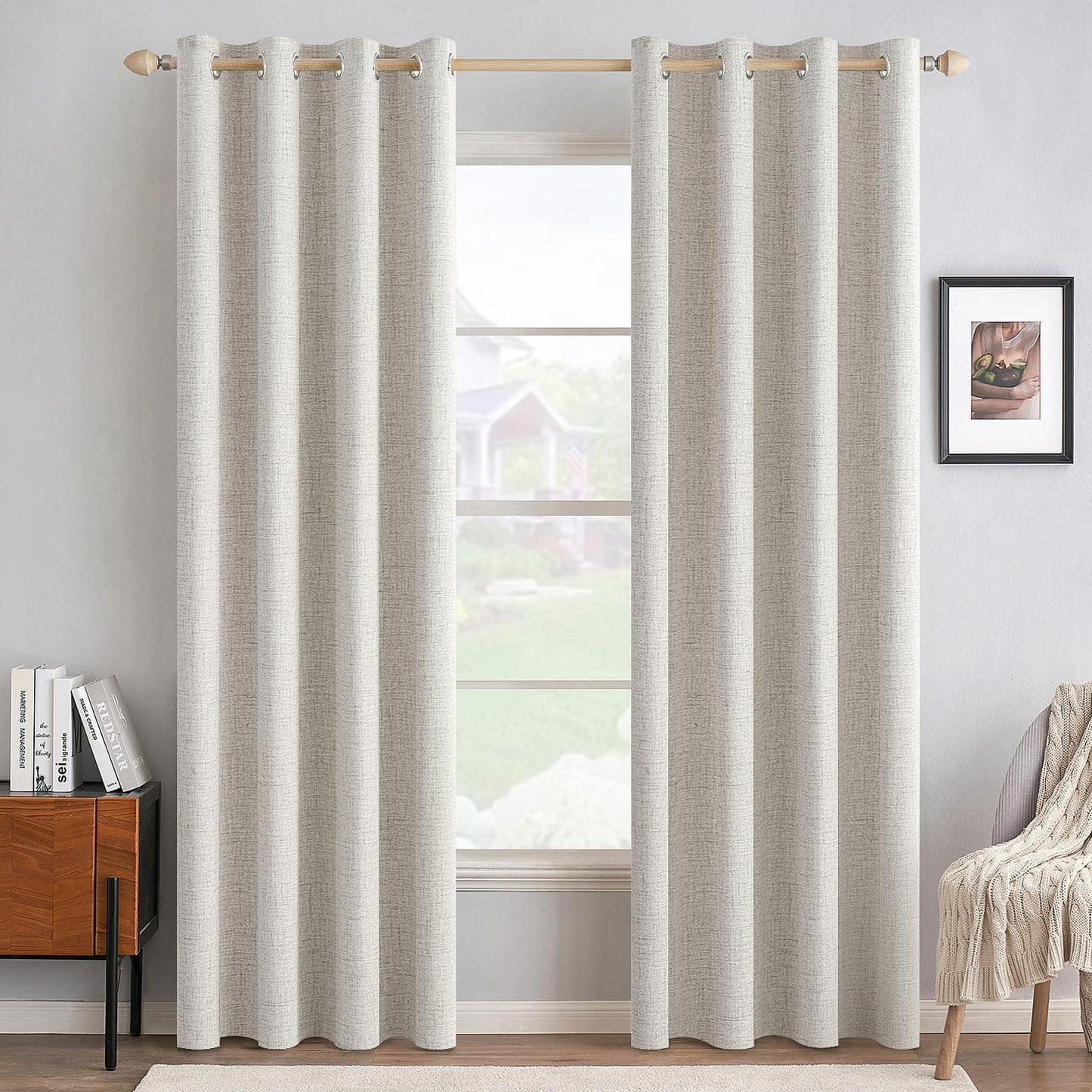 MIULEE 100% Blackout Linen Textured Curtains for Bedroom Solid Thermal Insulated Natural Beige Grommet Room Darkening Curtains & Drapes Luxury Decor for Living Room Nursery 52 x 84 Inch (2 Panels)