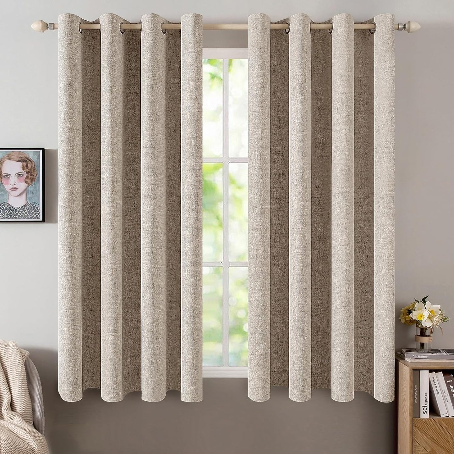 MIULEE 100% Blackout Linen Textured Curtains for Bedroom Solid Thermal Insulated Natural Beige Grommet Room Darkening Curtains & Drapes Luxury Decor for Living Room Nursery 52 x 84 Inch (2 Panels)