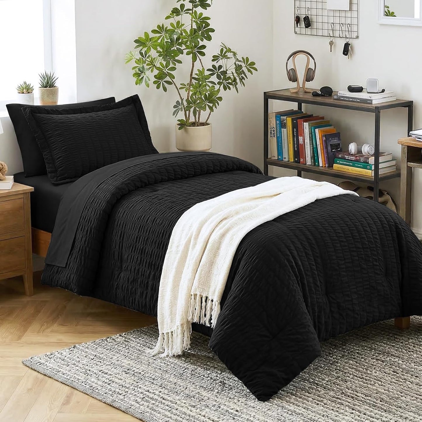 CozyLux Queen Comforter Set White Seersucker 7 Pieces Bed in a Bag Queen Comforter Set with Sheets, Luxury Soft Bedding Set with Down Alternative Comforter, Sheets, Pillowcases & Shams for All Seasons