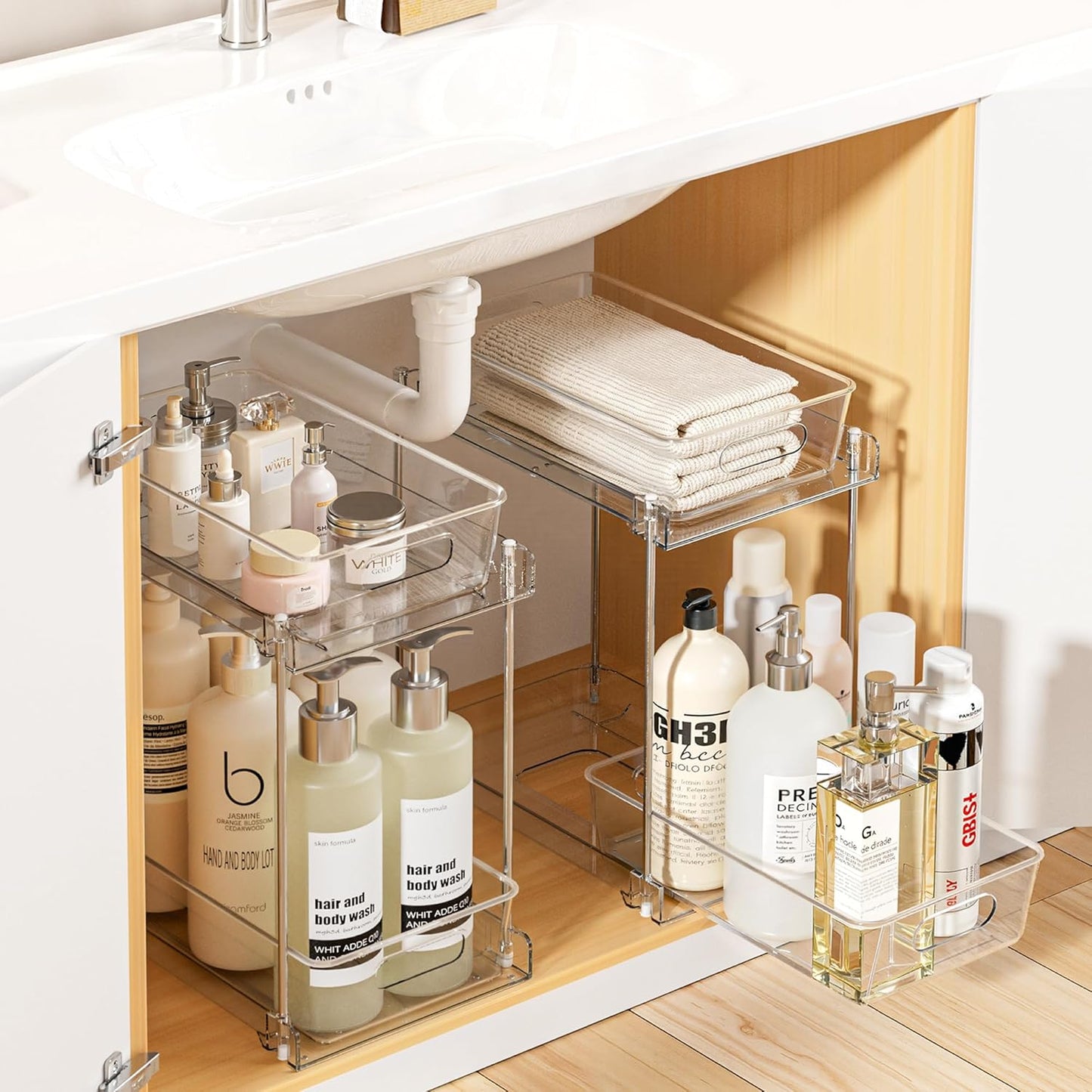 Vtopmart 4 Pack Bathroom Organizer, 2 Tier Clear Under Sink Organizers Vanity Countertop Storage Container,Cabinet Drawers Bins, Pull-Out Organization with Track for Pantry, Kitchen