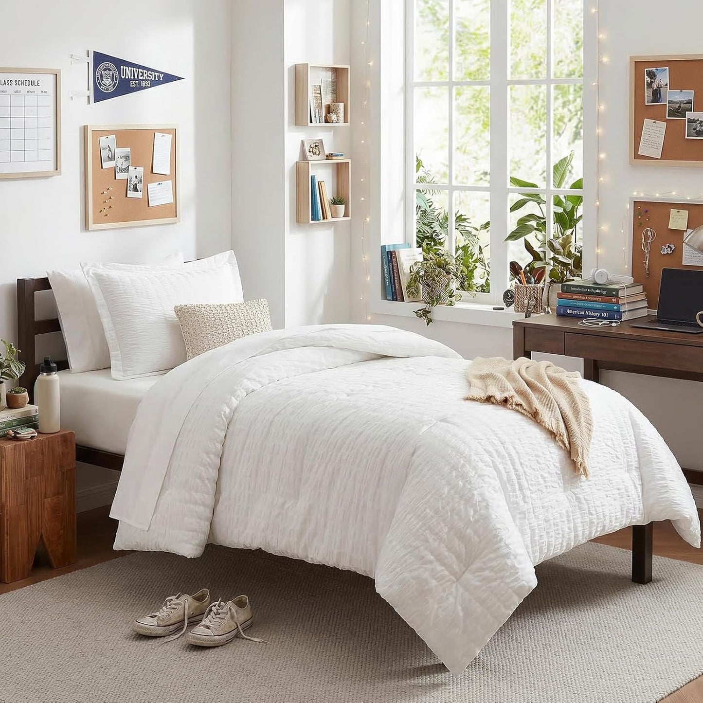 CozyLux Queen Comforter Set White Seersucker 7 Pieces Bed in a Bag Queen Comforter Set with Sheets, Luxury Soft Bedding Set with Down Alternative Comforter, Sheets, Pillowcases & Shams for All Seasons