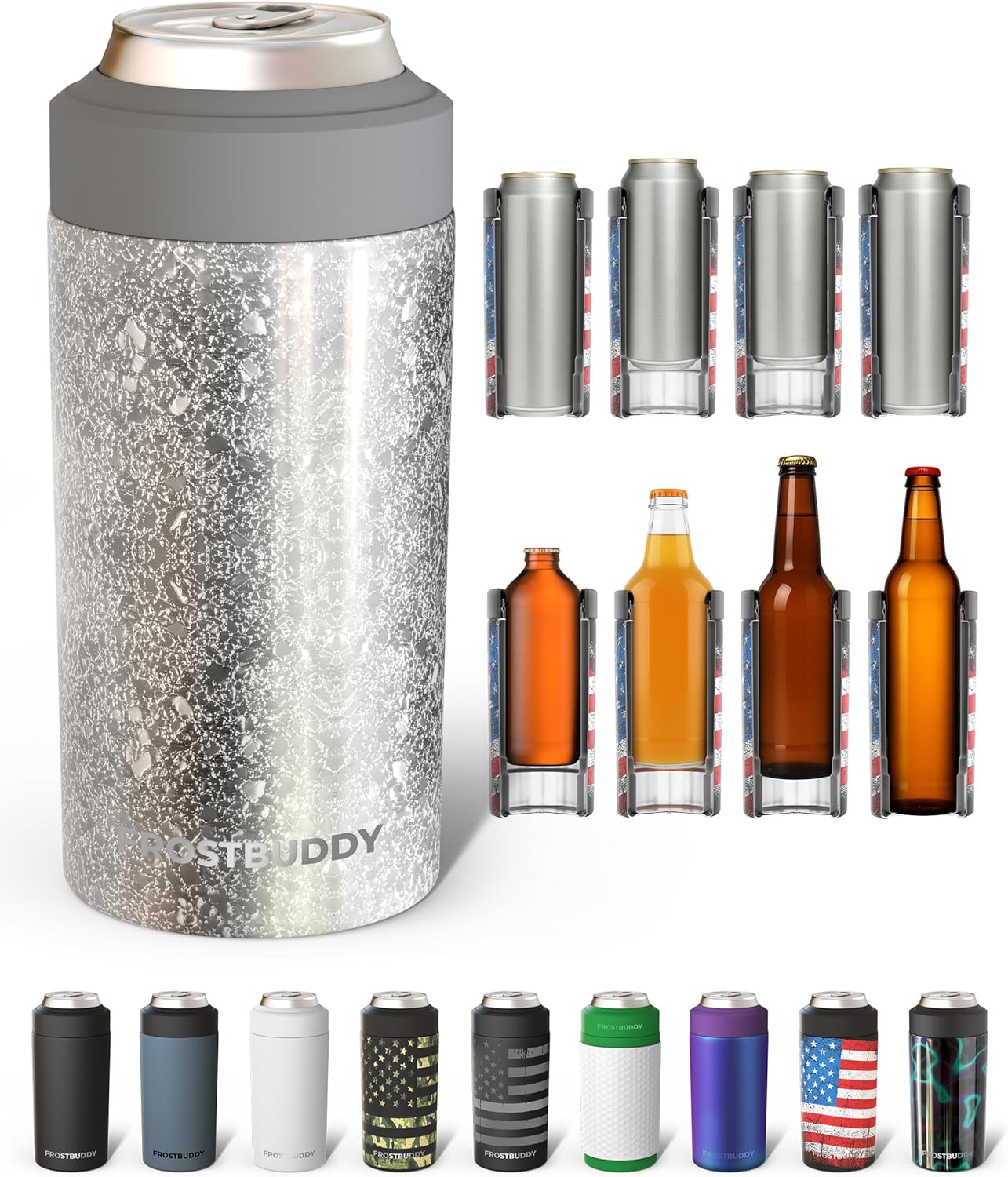 Frost Buddy Universal Can Cooler - Fits All - For Regular 12 & 16 oz or Slim-Size Bottles - Insulated Double-Walled Stainless Steel (MatteBlack)