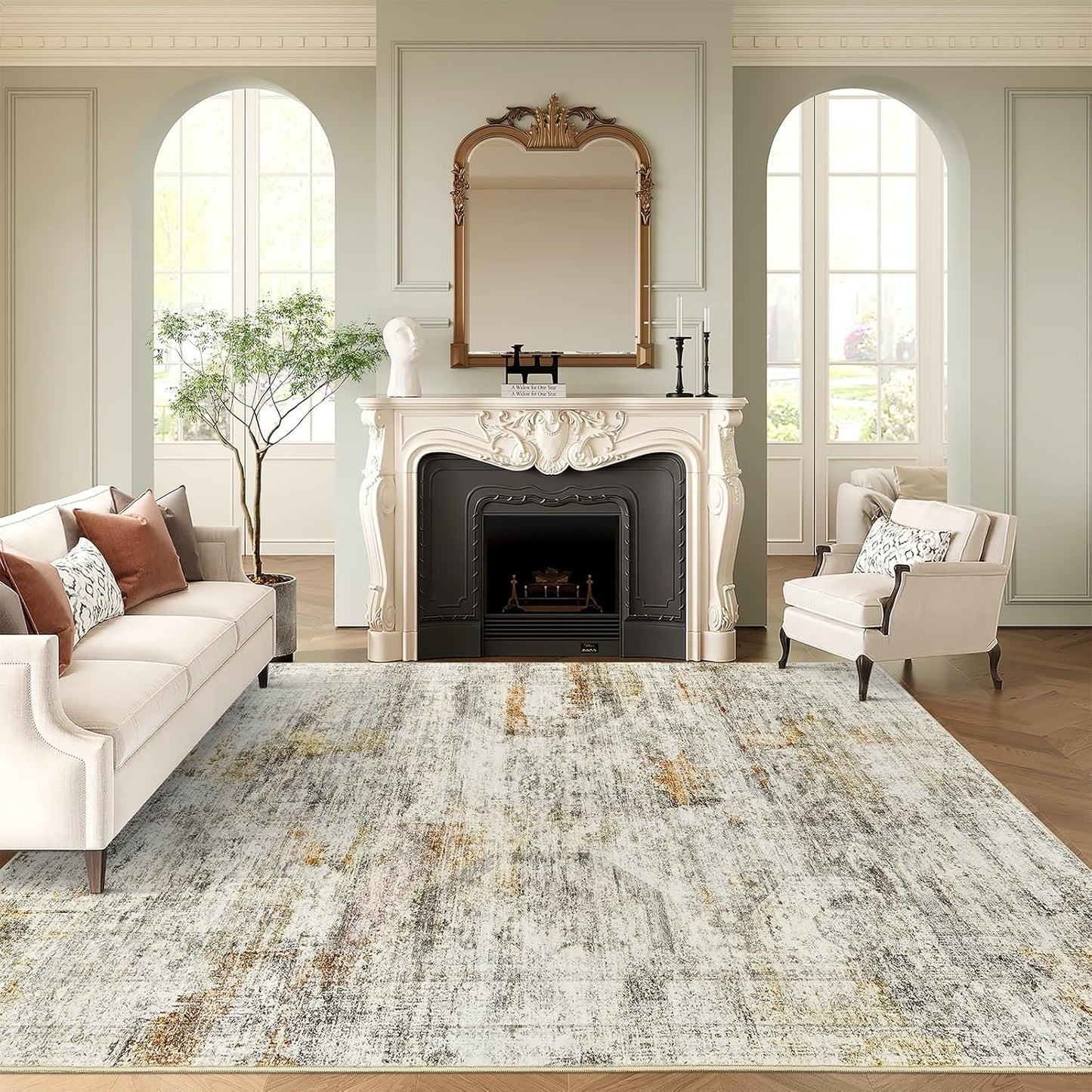 Washable Area Rug 8x10, Large Soft Rugs for Living Room Vintage Beige Carpet 8x10 Area Rugs for Bedroom Dining Room Non-Slip Stain Resistant Under Table Rug