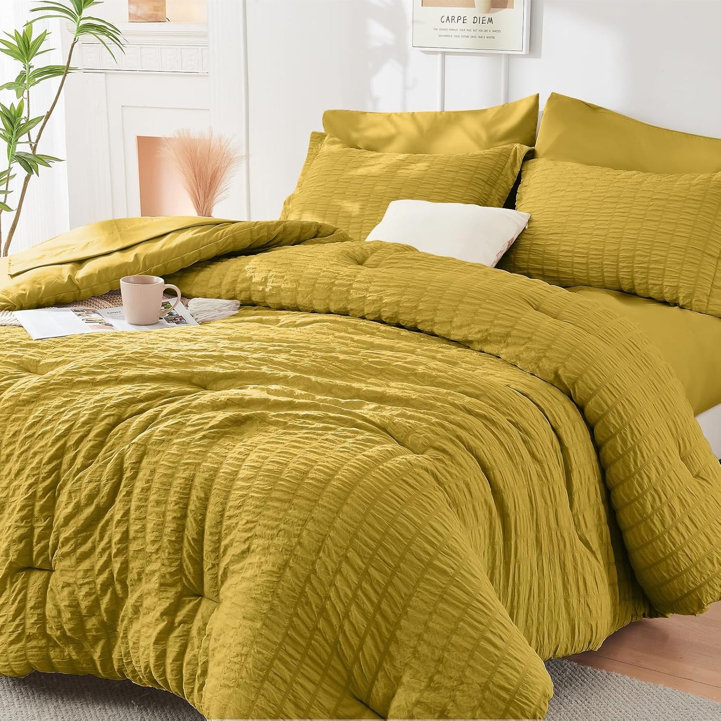 HYMOKEGE Queen Comforter Set Seersucker 7 Pieces, All Season Luxury Bed in a Bag for Bedroom, Bedding Set with Comforters, Sheets, Pillowcases & Shams, Dark Grey