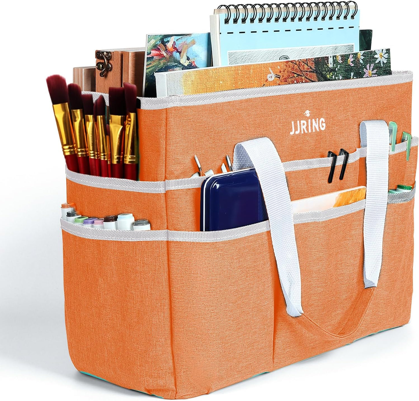 JJRING Craft Organizer Tote Bag, Large Art Storage Caddy with Multiple Pockets, Bluish Green Sewing Bag for Art, Craft, Scrapbooking, School, Medical, and Office Supplies Storage