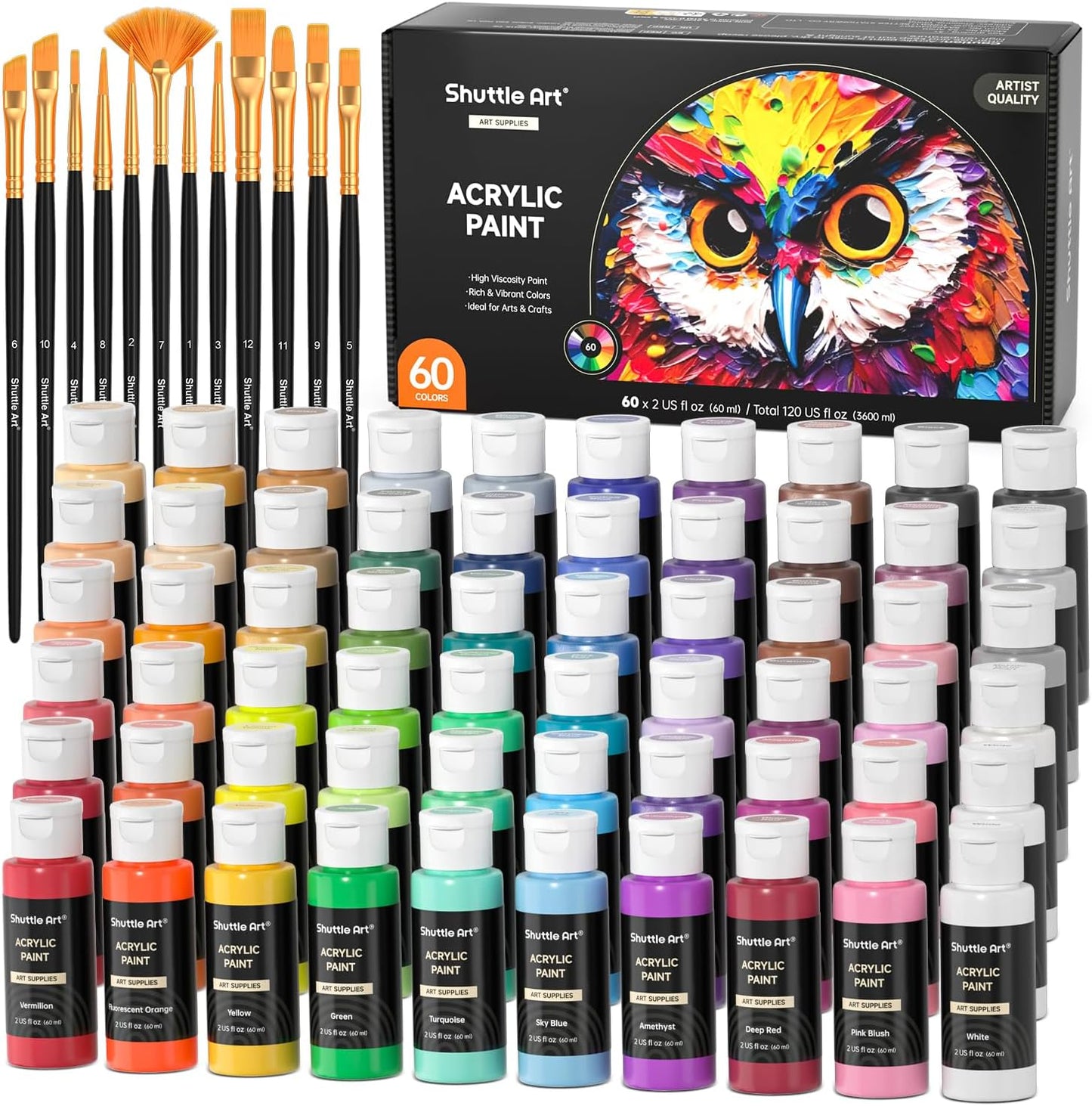 Shuttle Art Acrylic Paint, 36 Colors Acrylic Paint Set with Brushes & Palette, 2oz/60ml Bottles, Rich Pigments Non-toxic for Artists Kids & Adults, Painting on Canvas Rocks Ceramic Wood