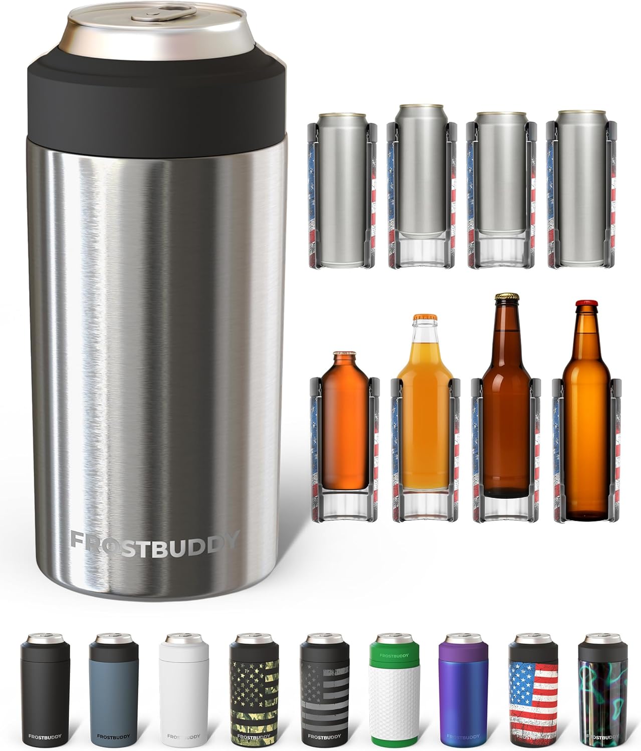 Frost Buddy Universal Can Cooler - Fits All - For Regular 12 & 16 oz or Slim-Size Bottles - Insulated Double-Walled Stainless Steel (MatteBlack)