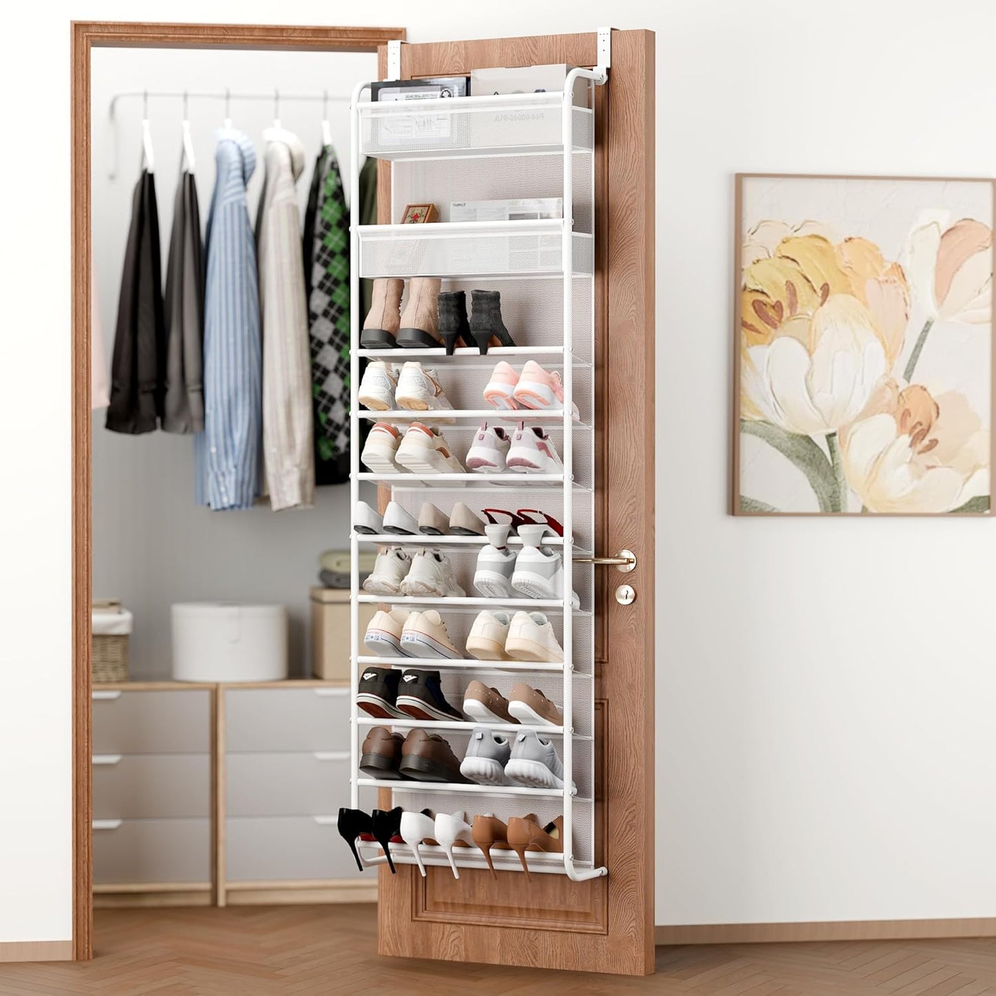 Whitmor 36 Pair Over The Door Shoe Organizer, 12 Tier Hanging Shoe Organizer, Heavy Duty Metal & Mesh Shoe Holder, Hanging Shoe Rack for Closet Organizer & Storage, 69"L x 21.7"W x 7.5"H, White