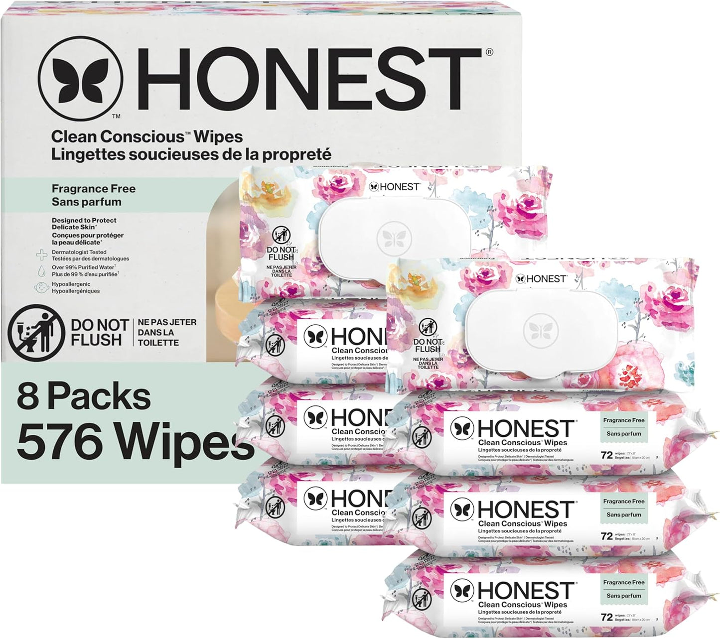 The Honest Company Baby Wipes for Sensitive Skin, Hypoallergenic, Fragrance-Free, Multi-Use, Pattern Play Design, 720 Count (8 Packs of 90)