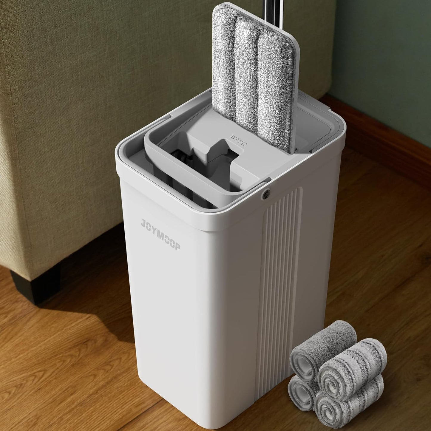 JOYMOOP Mop and Bucket with Wringer Set, Hands Free Flat Floor Mop and Bucket, with 3 Washable Microfiber Pads, Wet and Dry Use, Floor Cleaning System