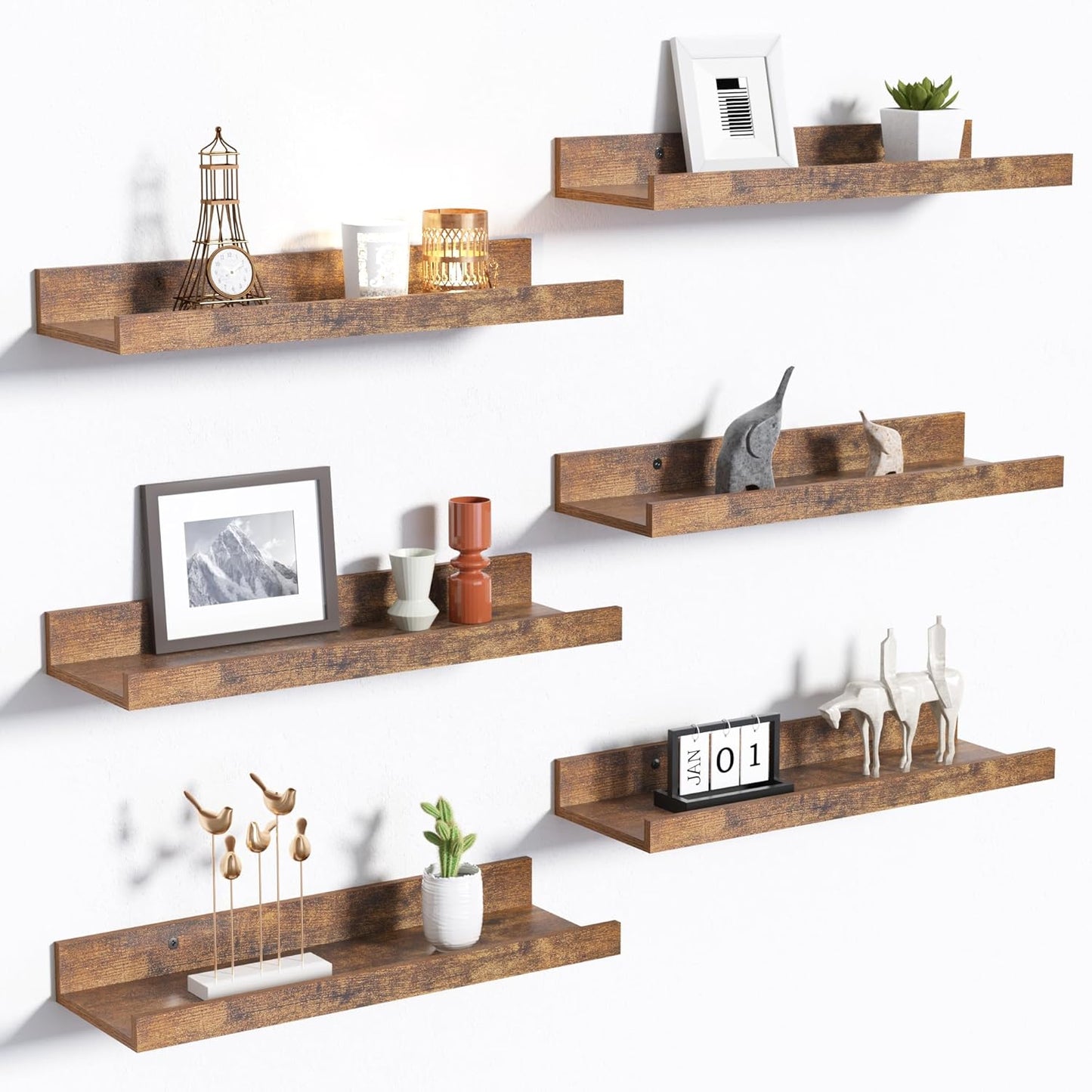upsimples Floating Shelves for Wall, Wall Shelves for Decor Storage Set of 6, Wall Mounted Wood Shelf for Bedroom, Living Room, Bathroom, Kitchen, Picture Ledge Shelf, Black