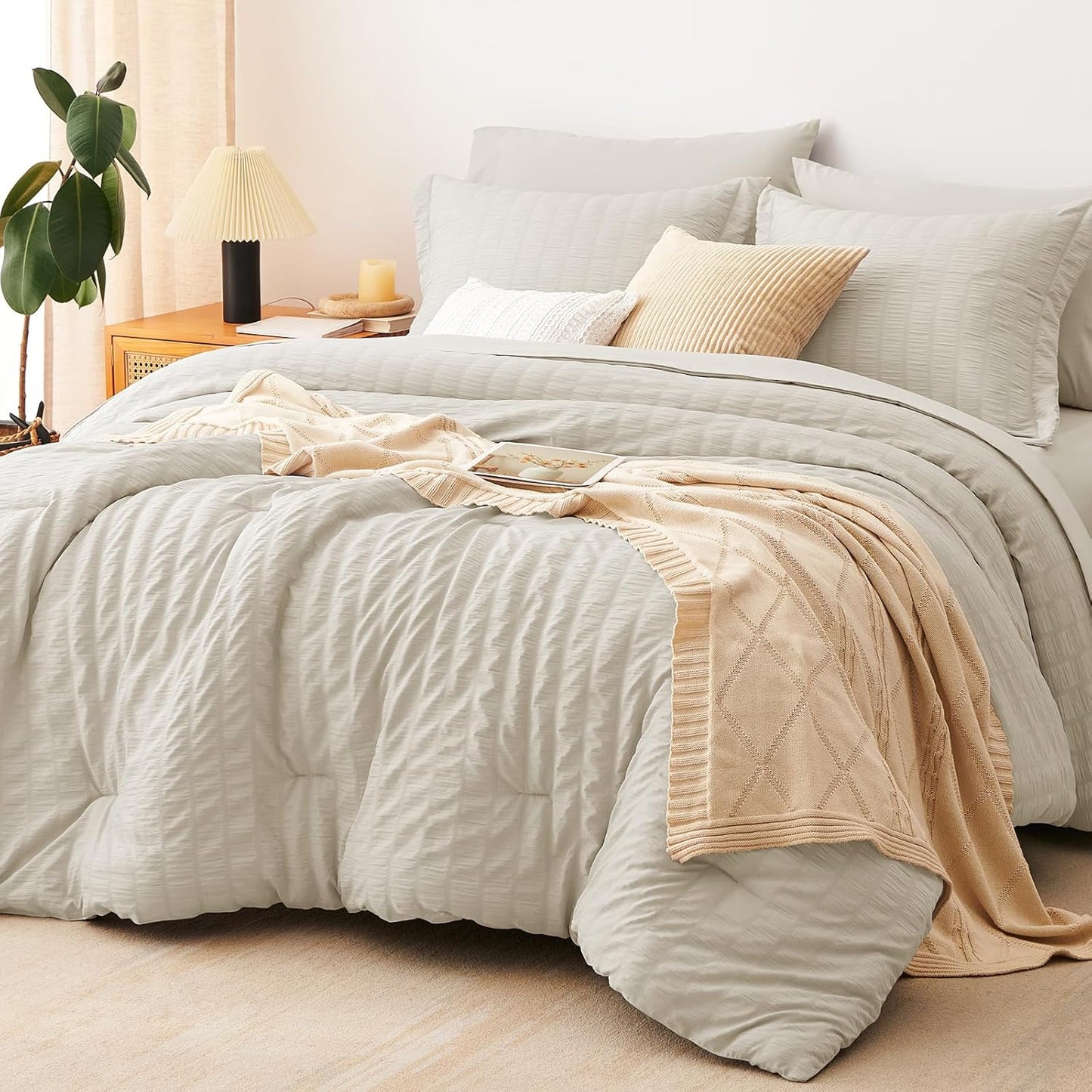 CozyLux Queen Comforter Set White Seersucker 7 Pieces Bed in a Bag Queen Comforter Set with Sheets, Luxury Soft Bedding Set with Down Alternative Comforter, Sheets, Pillowcases & Shams for All Seasons