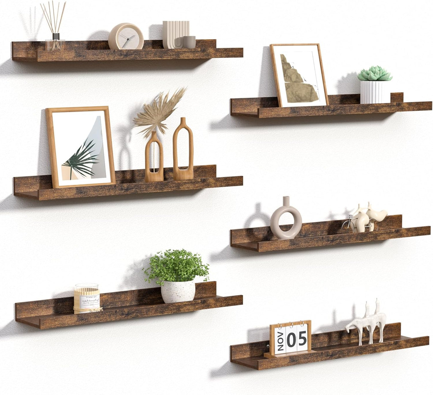 upsimples Floating Shelves for Wall, Wall Shelves for Decor Storage Set of 6, Wall Mounted Wood Shelf for Bedroom, Living Room, Bathroom, Kitchen, Picture Ledge Shelf, Black