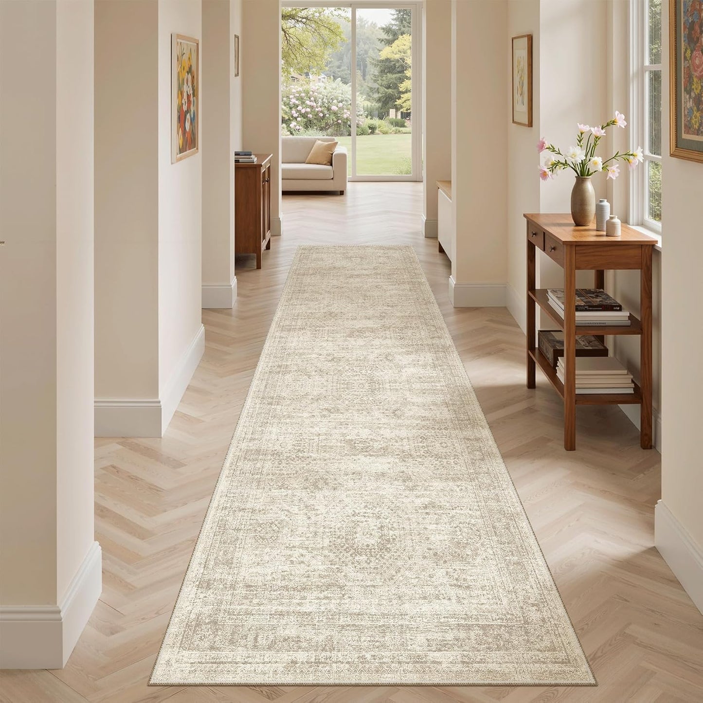 Washable Area Rug 8x10, Large Soft Rugs for Living Room Vintage Beige Carpet 8x10 Area Rugs for Bedroom Dining Room Non-Slip Stain Resistant Under Table Rug