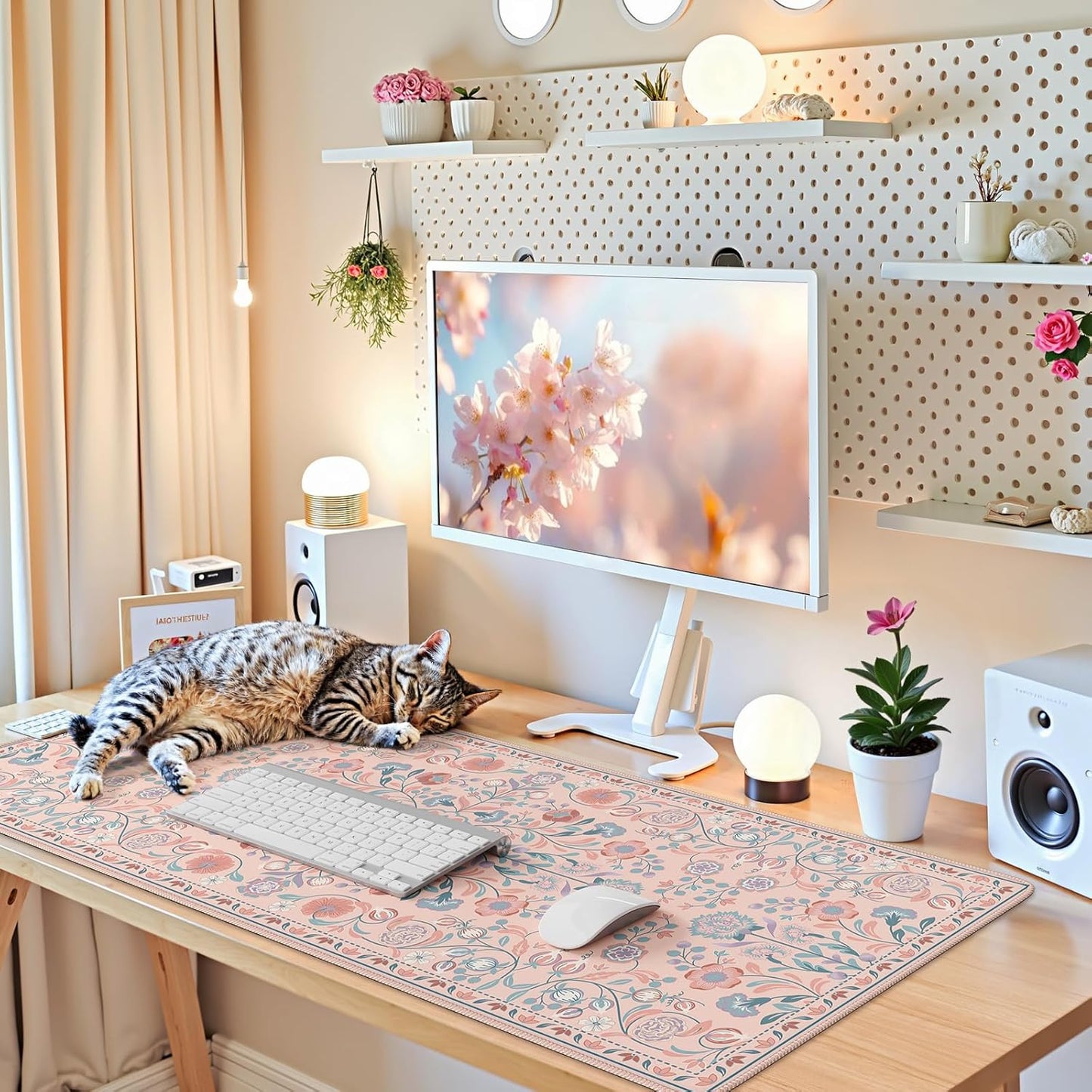 iCasso Pink Floral Desk Mat, Desk Pad, XXL Large Mouse Pad, Anti-Slip Big Mousepad with Stitched Edges, Computer Mouse Pads for Desktop Decor, Cute Office Desk Accessories for Women(Pink)