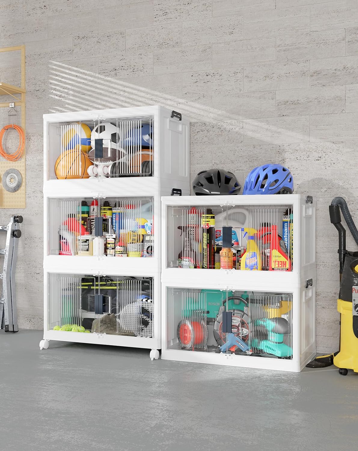 OlarHike 144QT Lockable Storage Bins with Lids - Folding Storage Cabinet with Doors and Wheels, Collapsible Plastic Box for Closets, Office, Stackable Organizer and Containers, Gifts, 3 Pack Cubes