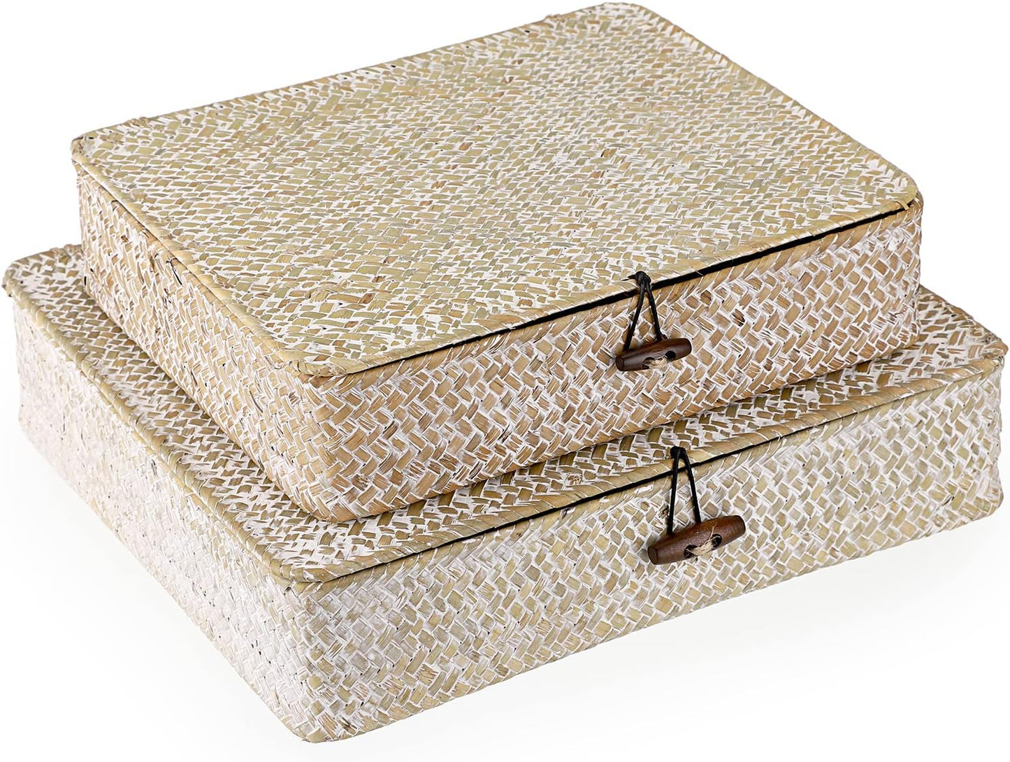 Hipiwe Set of 2 Flat Woven Wicker Storage Bins with Lid Natural Seagrass Basket Multipurpose Home Boxes for Shelf Organizer (Coffee)