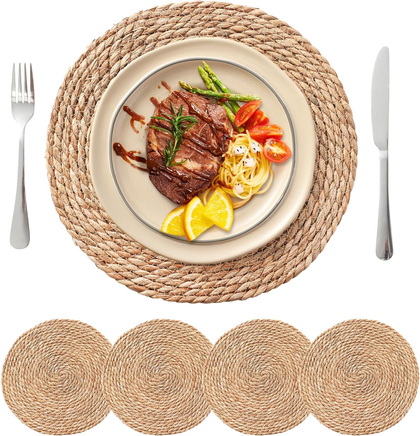13.8'' Round Woven Placemats Set of 12, Boho Rattan Chargers for Dinner Plates, Rustic Wicker Place Mats, Straw Braided Table Placemats, for Dining Table Decor, Wedding, Farmhouse and Outdoor