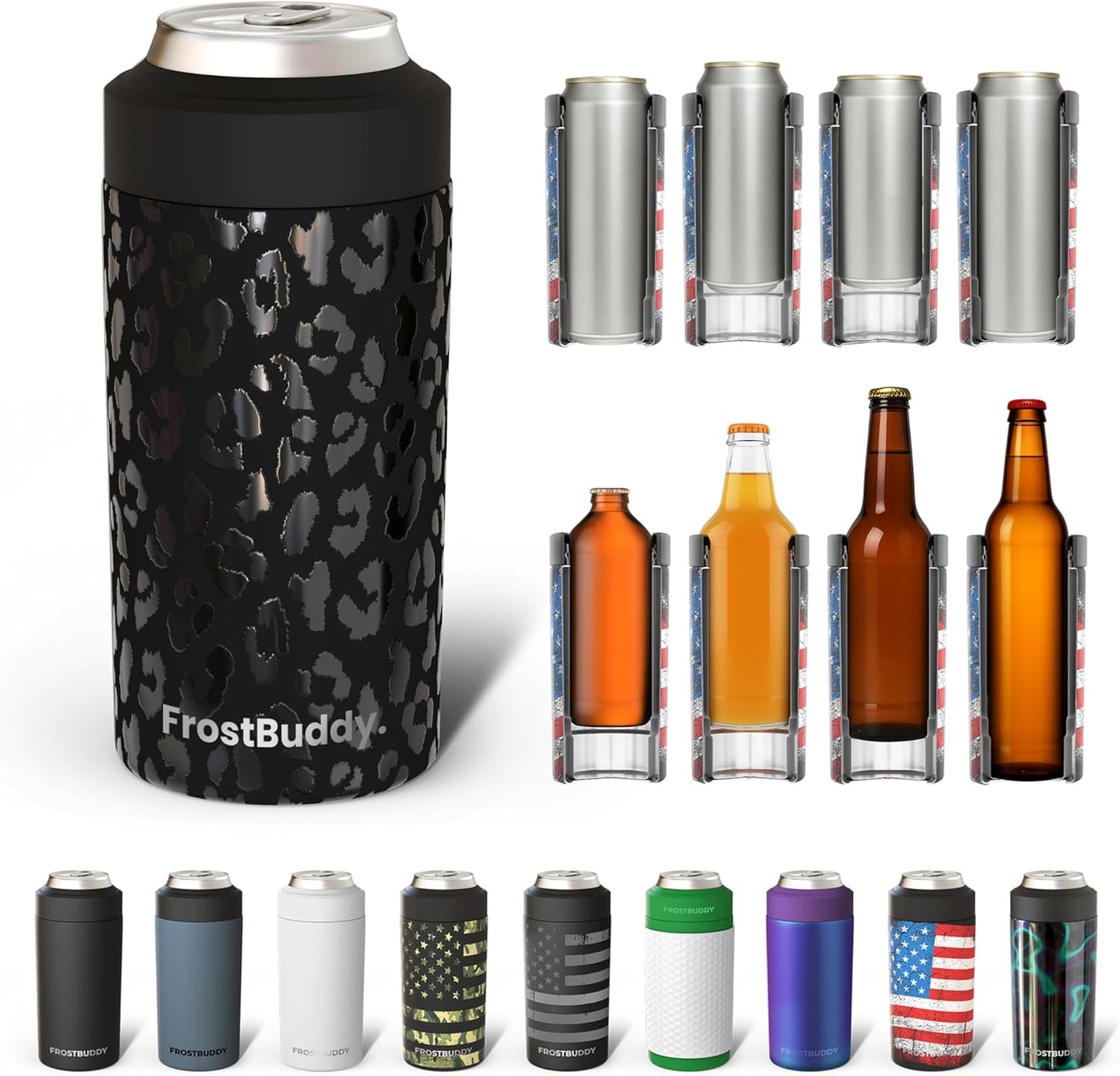 Frost Buddy Universal Can Cooler - Fits All - For Regular 12 & 16 oz or Slim-Size Bottles - Insulated Double-Walled Stainless Steel (MatteBlack)