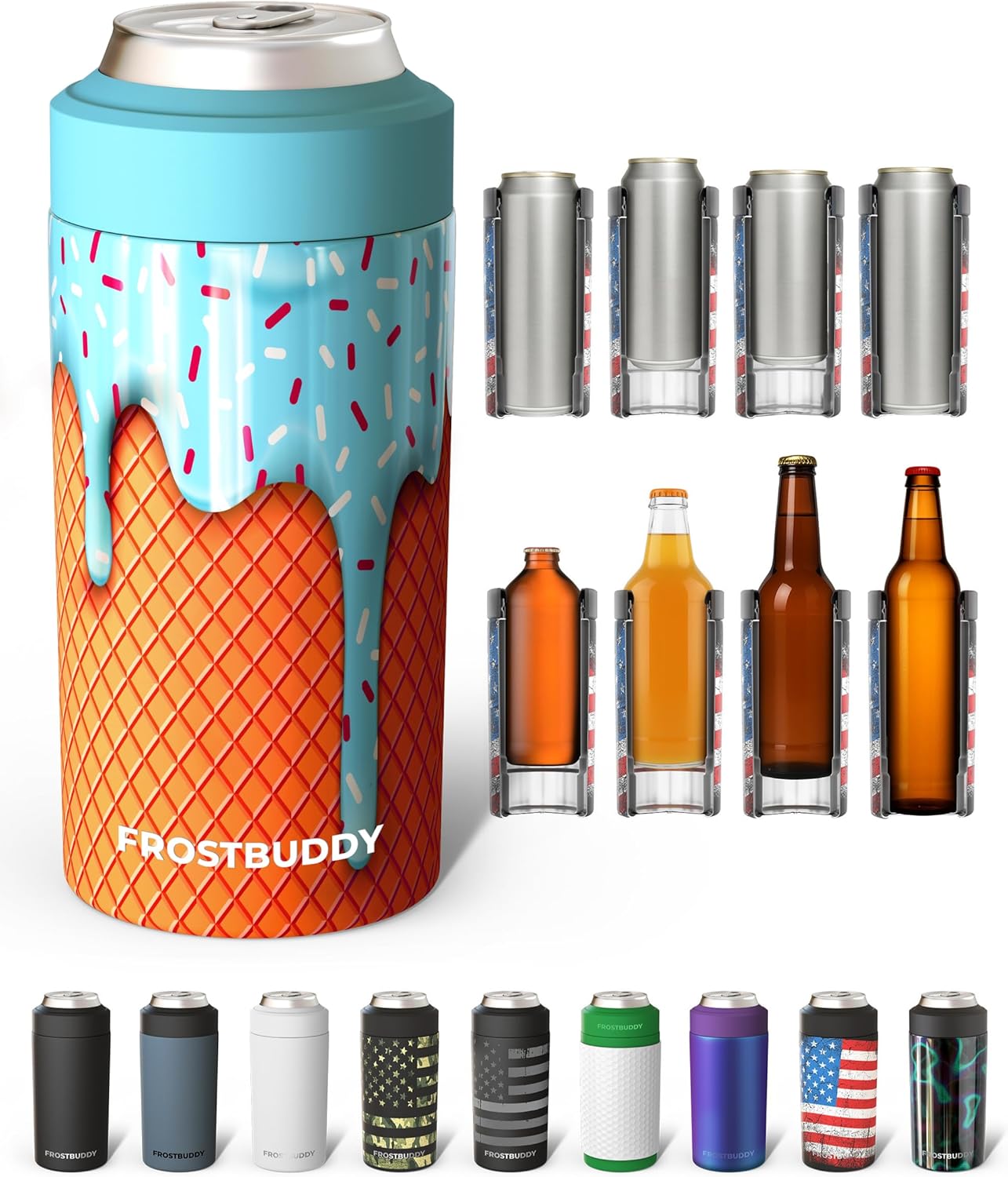 Frost Buddy Universal Can Cooler - Fits All - For Regular 12 & 16 oz or Slim-Size Bottles - Insulated Double-Walled Stainless Steel (MatteBlack)