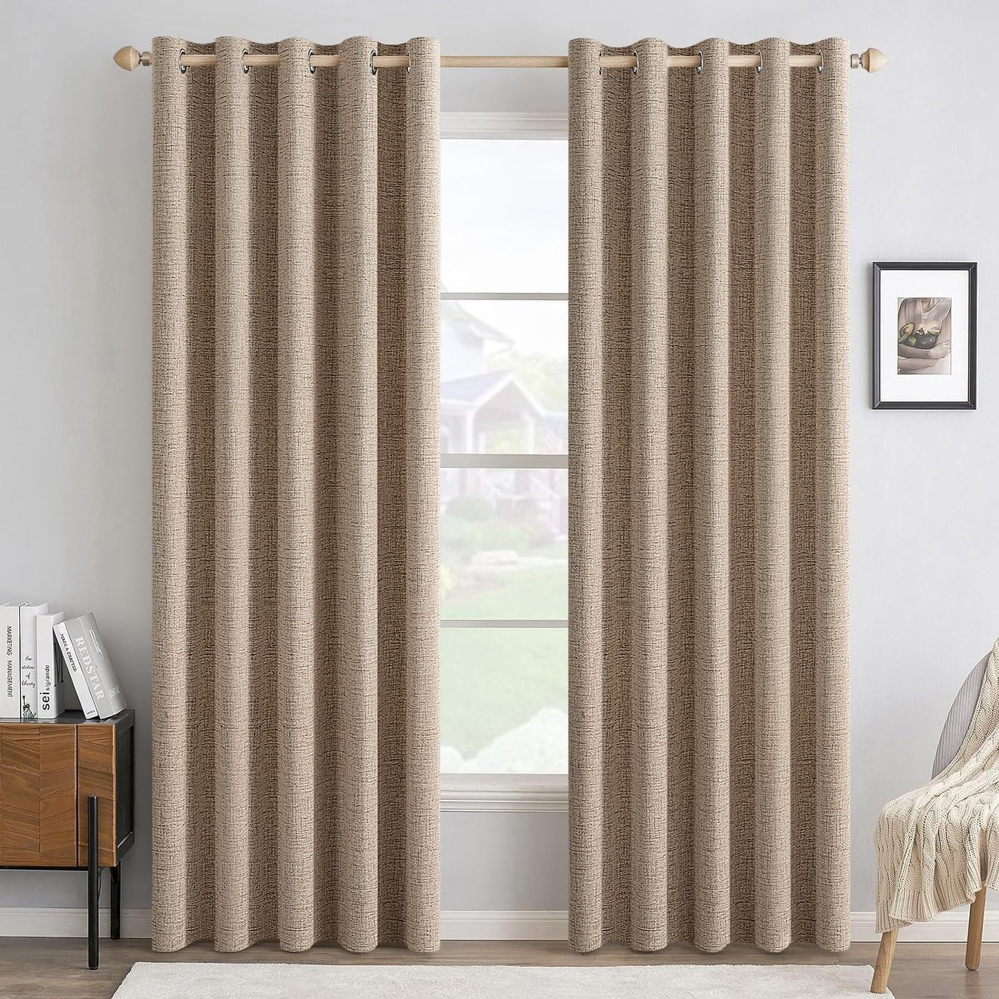 MIULEE 100% Blackout Linen Textured Curtains for Bedroom Solid Thermal Insulated Natural Beige Grommet Room Darkening Curtains & Drapes Luxury Decor for Living Room Nursery 52 x 84 Inch (2 Panels)
