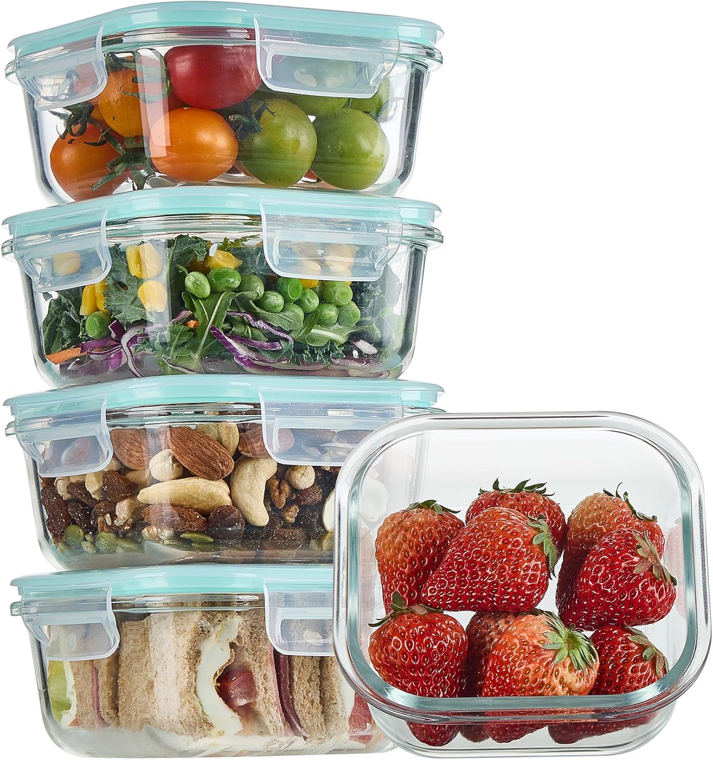 Vtopmart 5Pack 22oz Glass Storage Containers with Lids, Glass Meal Prep Food Container Sets with Snap Airtight Lids for Microwave, Oven, Freezer and Dishwasher, Grey