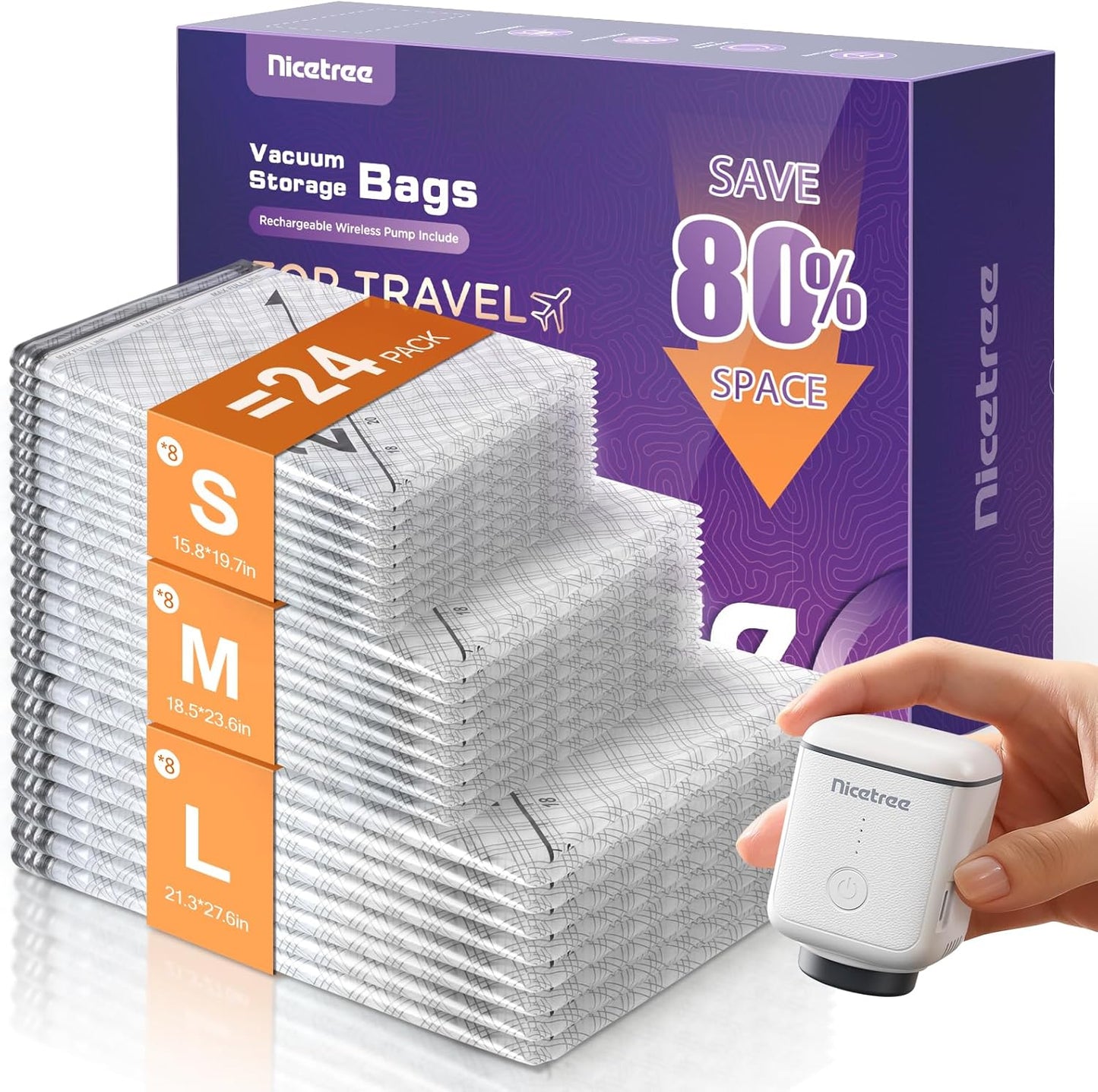 Nicetree 18-Pack Vacuum Seal Bags with Rechargeable Wireless Pump | 3 Sizes (20/24/28 Inch) Travel Vacuum Storage Bags for Clothing, Bedding & Seasonal Storage | Space Saver for Luggage