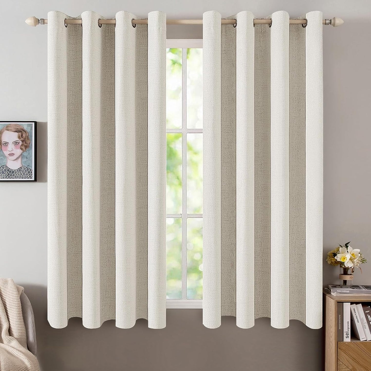MIULEE 100% Blackout Linen Textured Curtains for Bedroom Solid Thermal Insulated Natural Beige Grommet Room Darkening Curtains & Drapes Luxury Decor for Living Room Nursery 52 x 84 Inch (2 Panels)