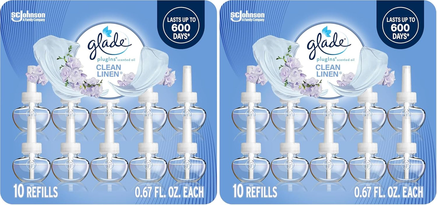 Glade PlugIns Refills Air Freshener, Scented and Essential Oils for Home and Bathroom, Clean Linen, 6.7 Fl Oz, 10 Count